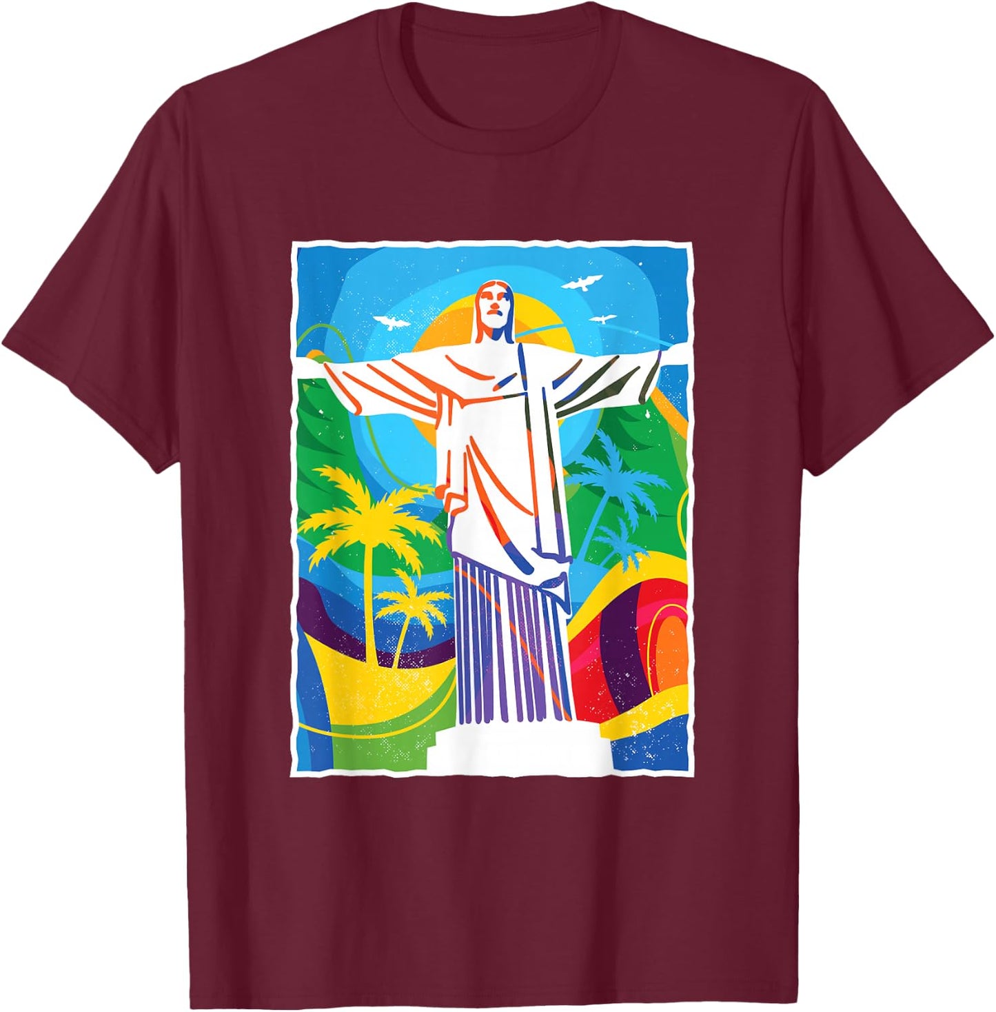 Rio De Janeiro - Colourful Jesus Brazil Travel Souvenir Gift T-Shirt - T-Shirt | Maroon