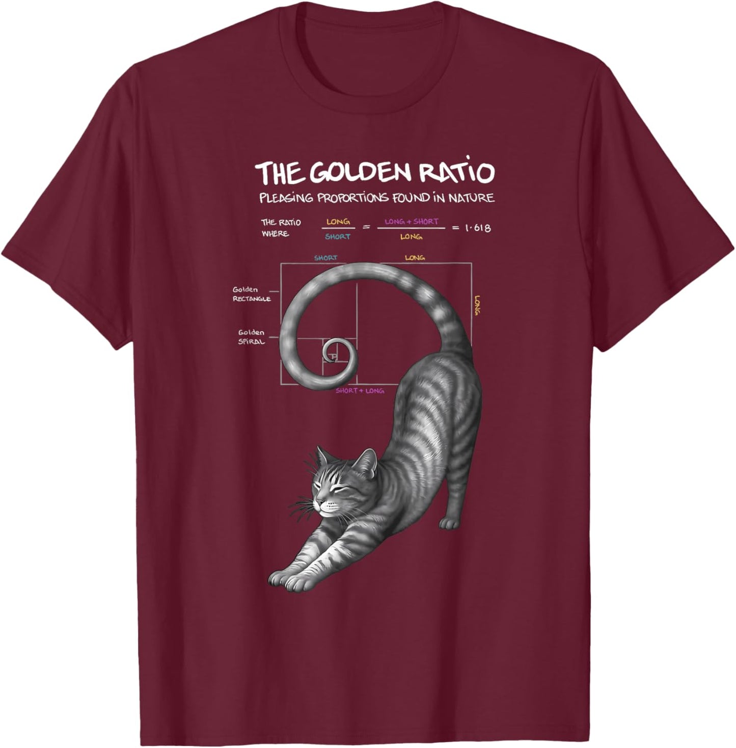 Math Mathematics Fibonacci Sequence The Cat Golden Ratio T-Shirt - T-Shirt | Maroon