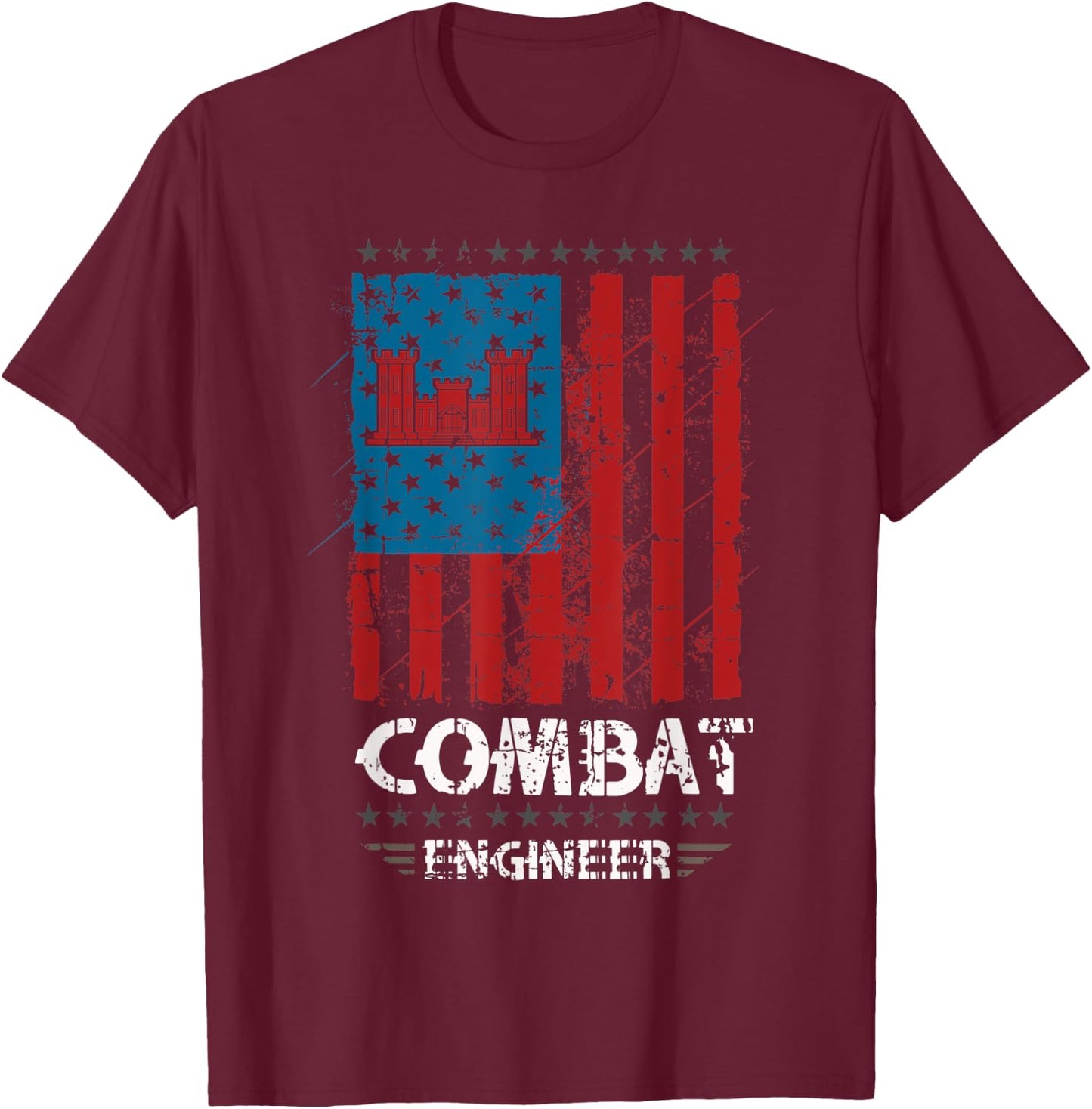 Combat Engineer - American Flag Distressed - U.S. Military Women Men T-Shirt - T-Shirt | Maroon