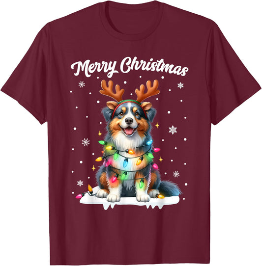 Christmas Pajamas Men Women Kids Australian Shepherd Dog T-Shirt - T-Shirt | Maroon