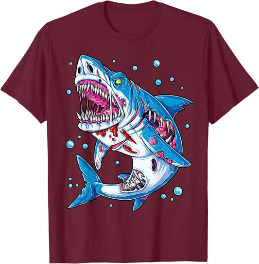 Shark Zombie Halloween Boys Men Skeleton Skull Rib Cage T-Shirt - T-Shirt | Maroon