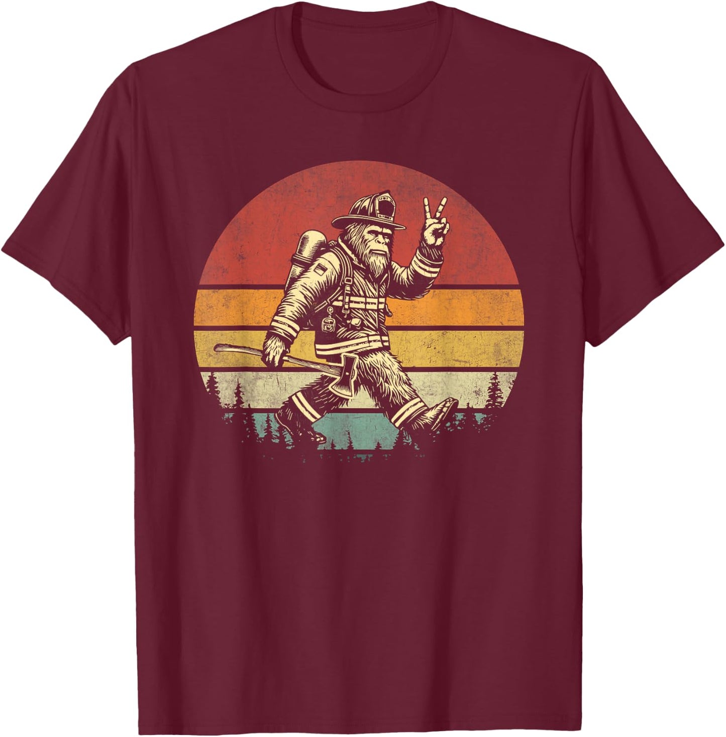 Firefighting Retro Bigfoot Firefighter Sasquatch Fireman T-Shirt - T-Shirt | Maroon