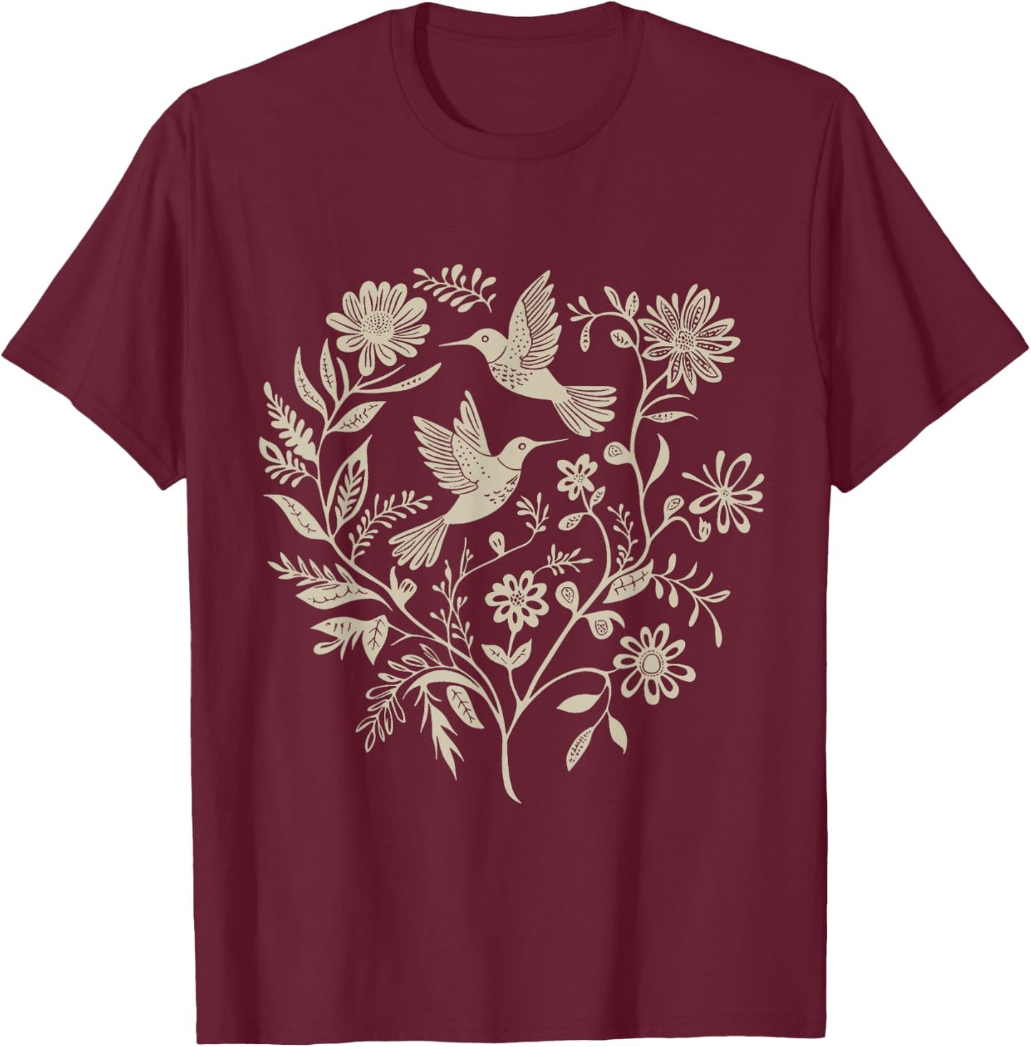 Cottagecore Birds and Flowers T-Shirt - T-Shirt | Maroon