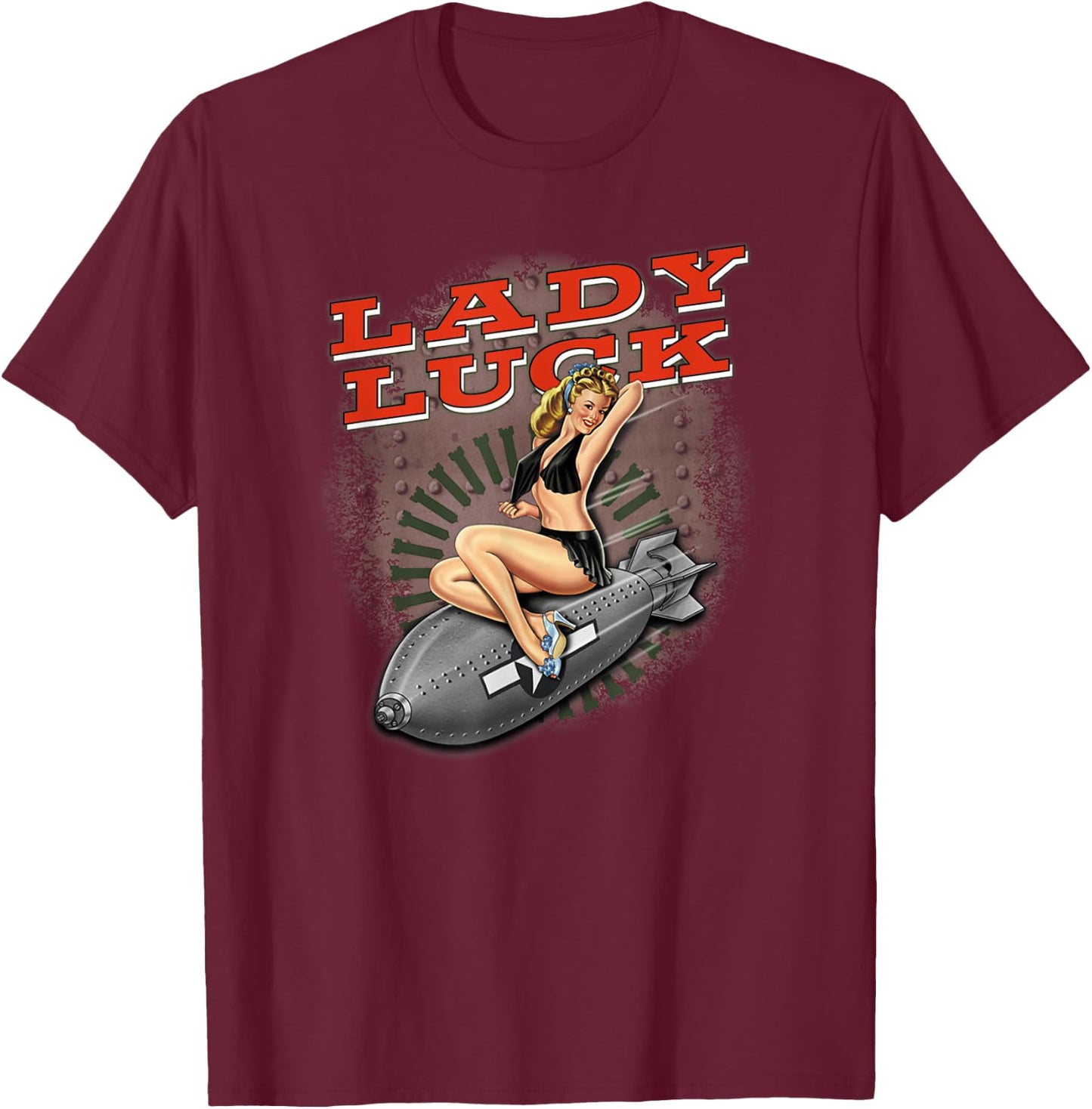 Lady Luck" Super nice Bomber nose art T-Shirt - T-Shirt | Maroon