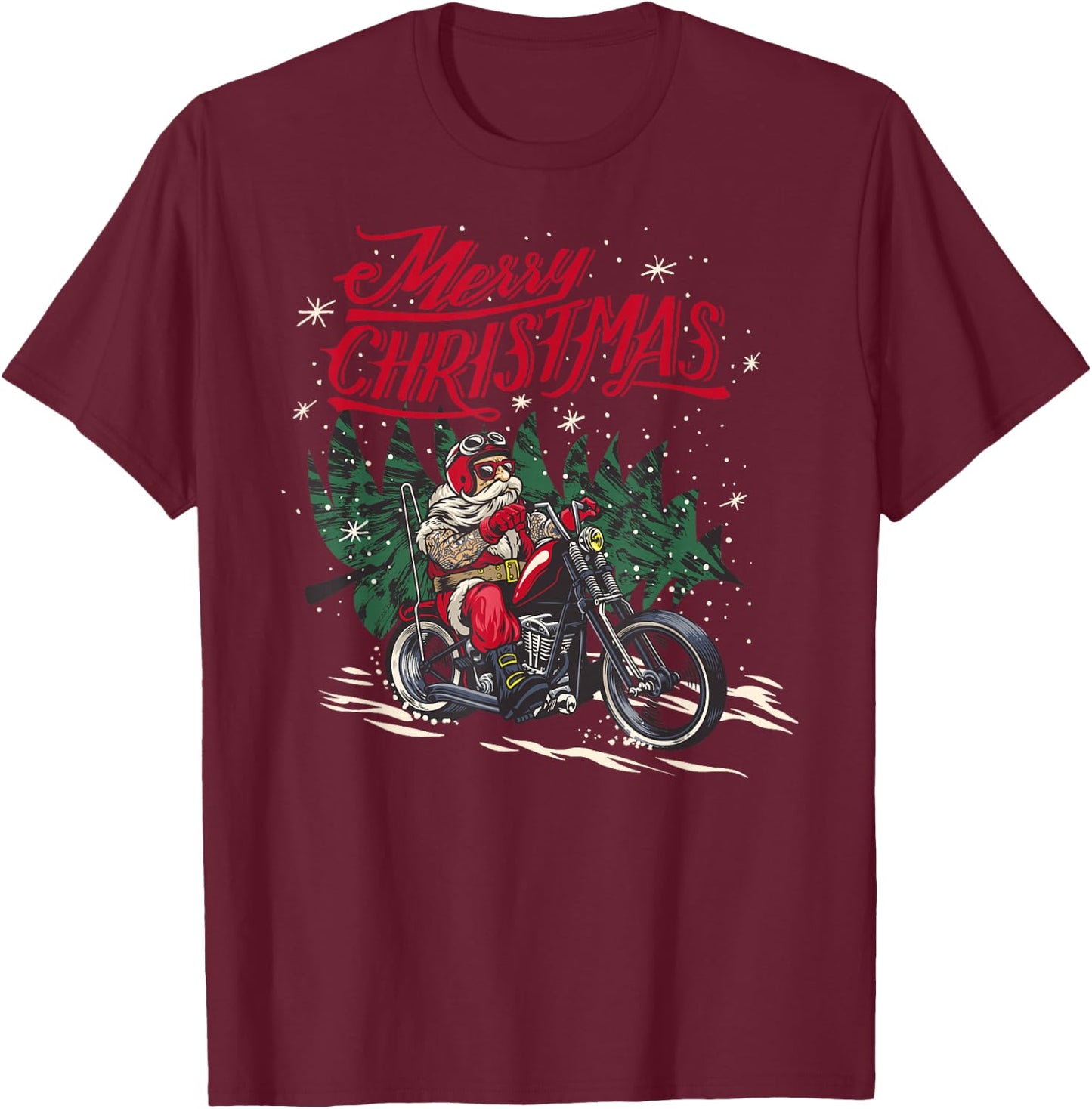 Santa Claus riding a motorcycle Christmas design T-Shirt - T-Shirt | Maroon