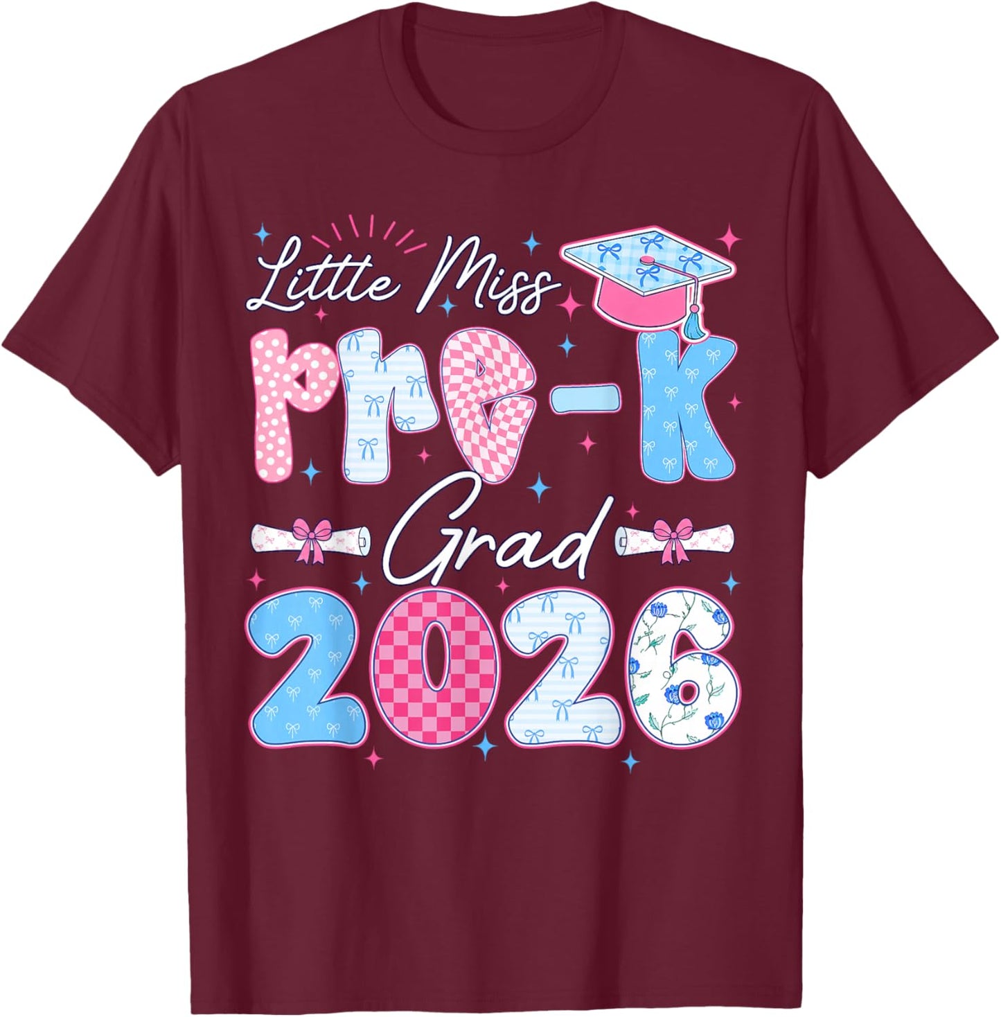 Little Miss Pre-K Grad 2026 Cute Preschool Graduation Bow T-Shirt - T-Shirt | Maroon