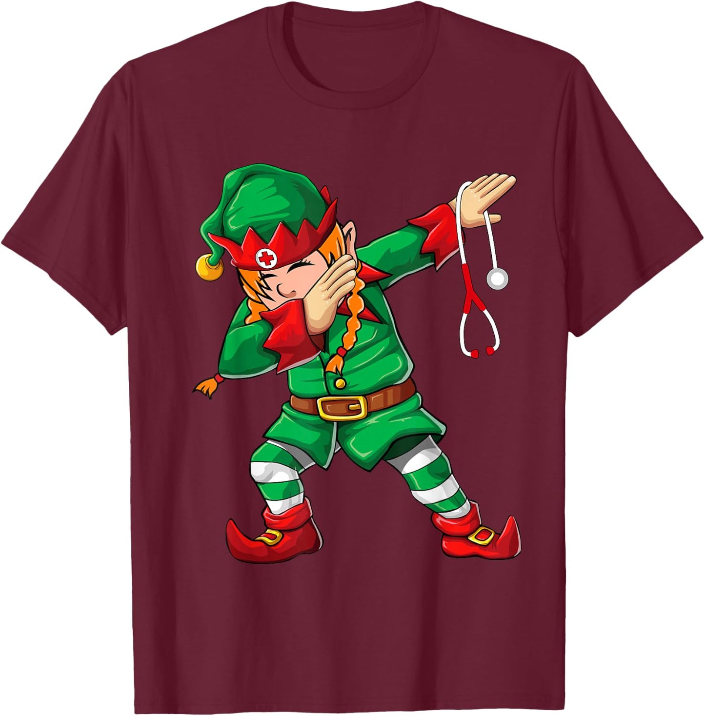 Dabbing Elf Girl Shirt Christmas Scrub Tops Women Cute Nurse T-Shirt - T-Shirt | Maroon