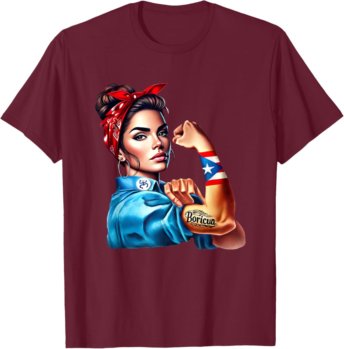 Boricua Tattoo Rosie Riveter Puerto Rico Flag Woman Coqui T-Shirt - T-Shirt | Maroon