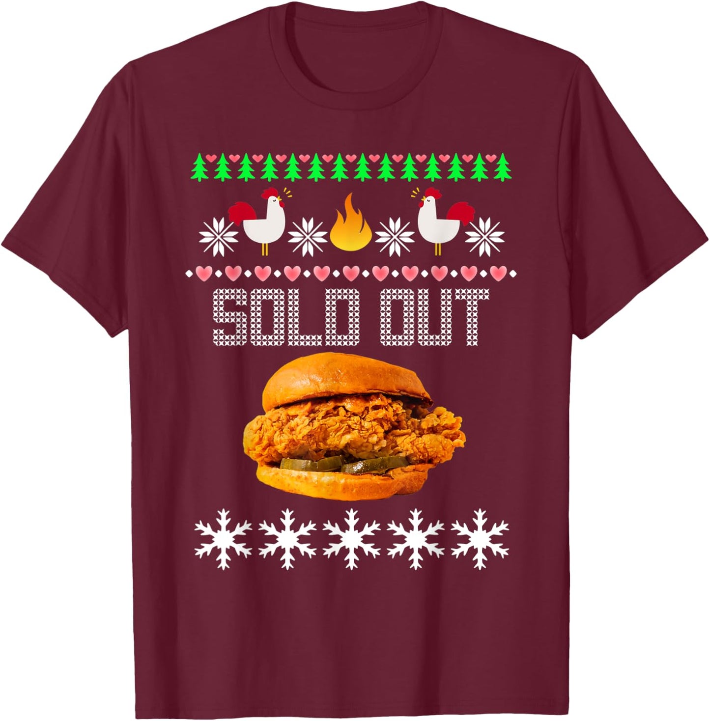 Funny Spicy Chicken Sandwich Ugly Christmas Sweater Shirt T-Shirt - T-Shirt | Maroon