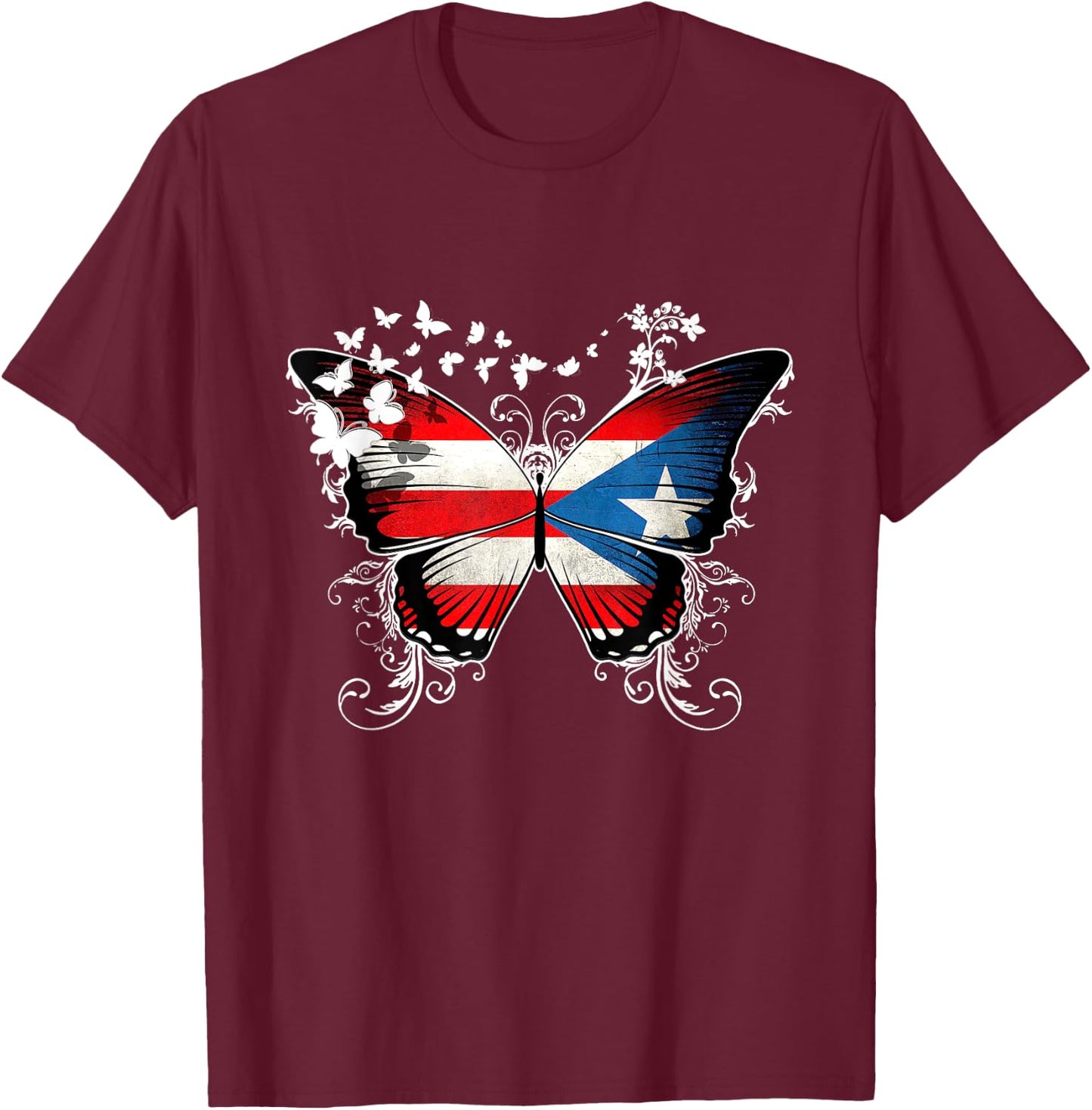 Puerto Rico Flag Shirt Butterfly Graphic T Shirt T-Shirt - T-Shirt | Maroon