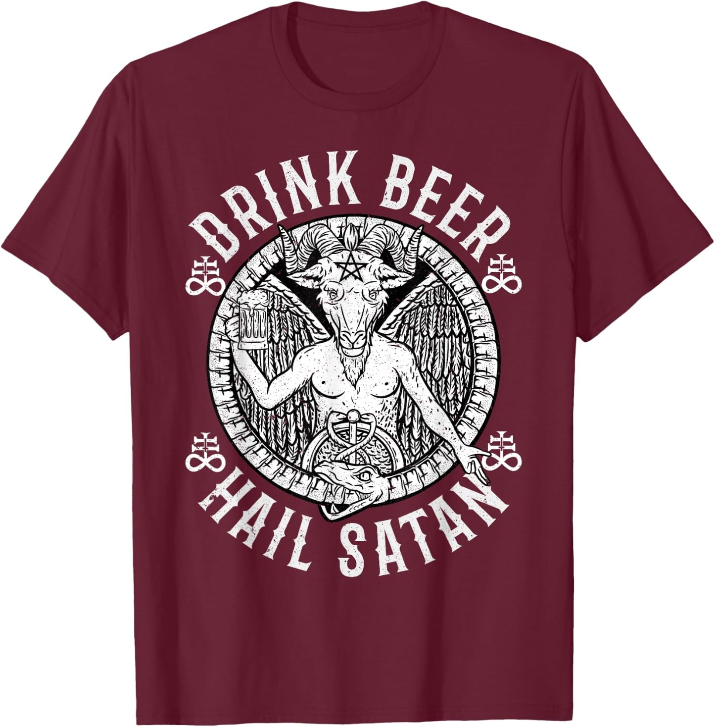 Drink Beer Hail Satan I Satanic Baphomet T-Shirt - T-Shirt | Maroon