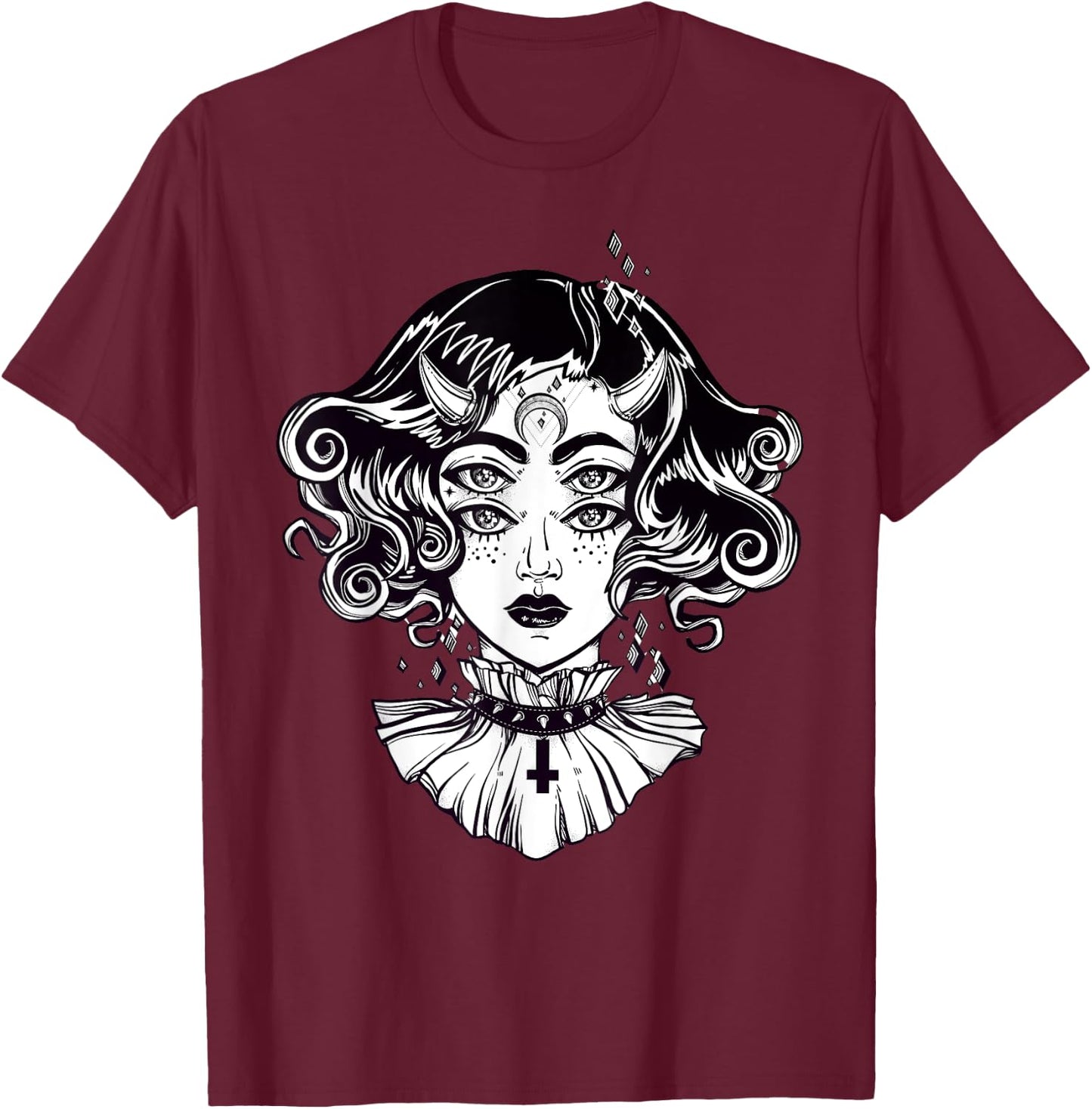 Horned Devil Girl - Satanic Halloween Glitch Goth T-Shirt - T-Shirt | Maroon