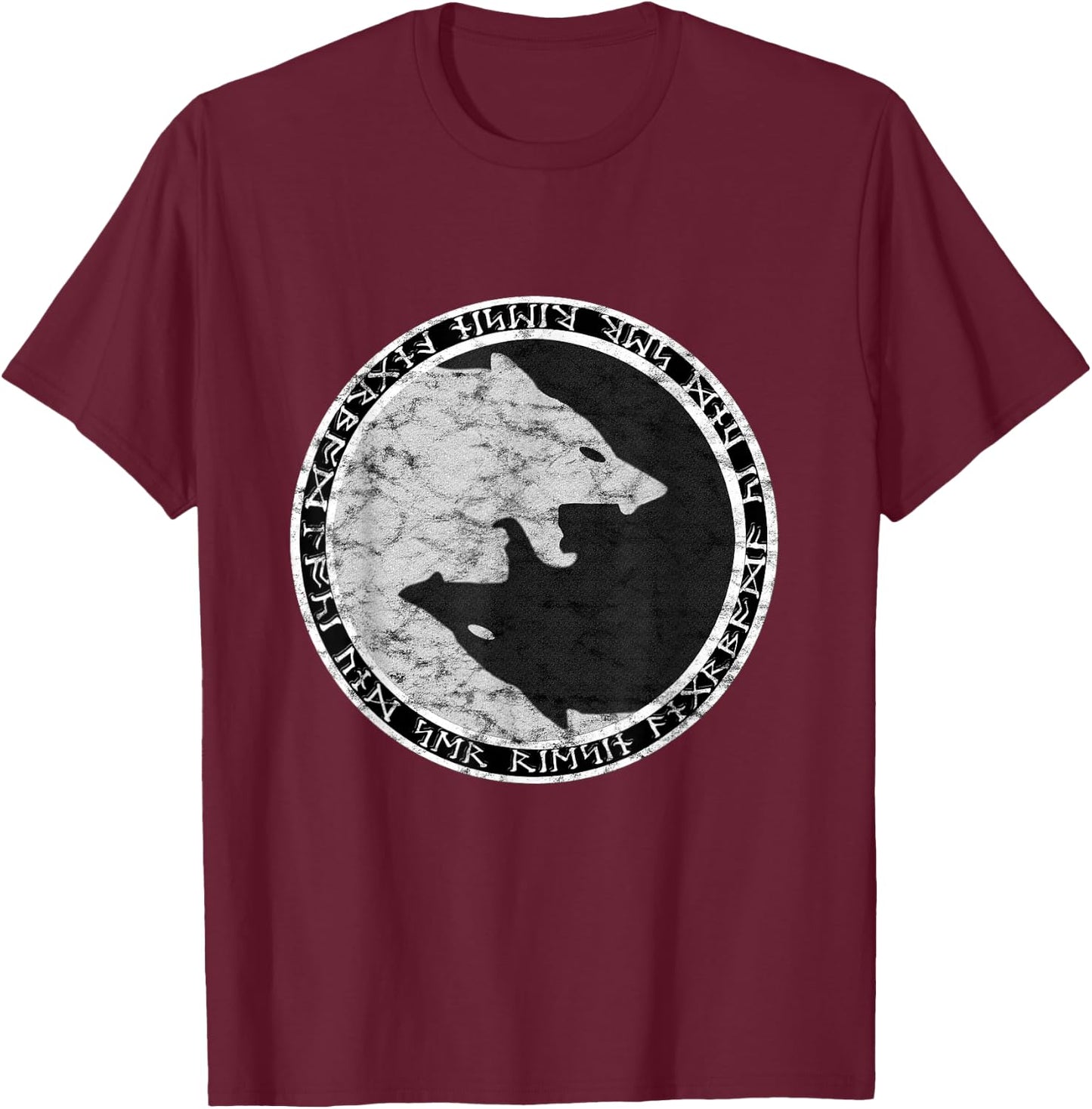 Fenrir Wolf Of Odin With Norse Runes Distressed T-Shirt - T-Shirt | Maroon