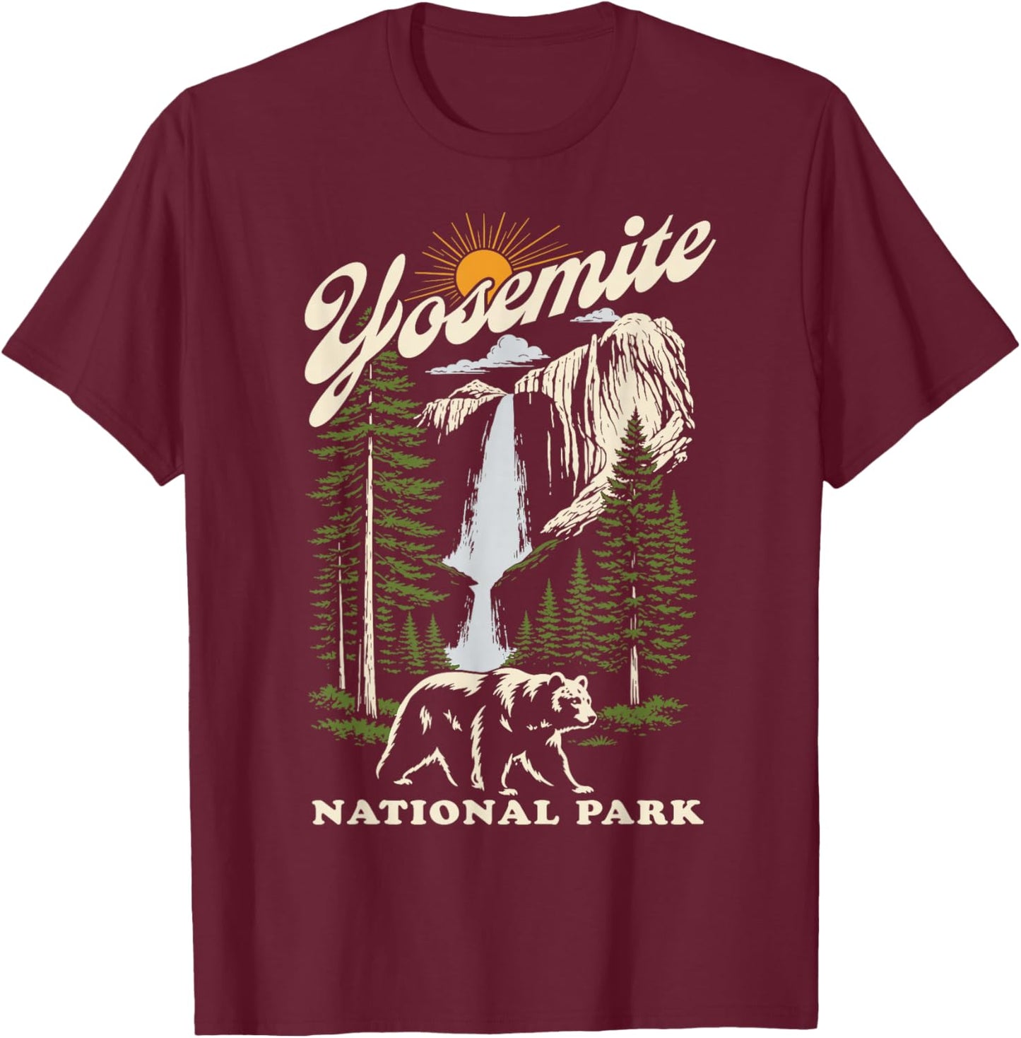 Yosemite National Park Waterfall T-Shirt - T-Shirt | Maroon