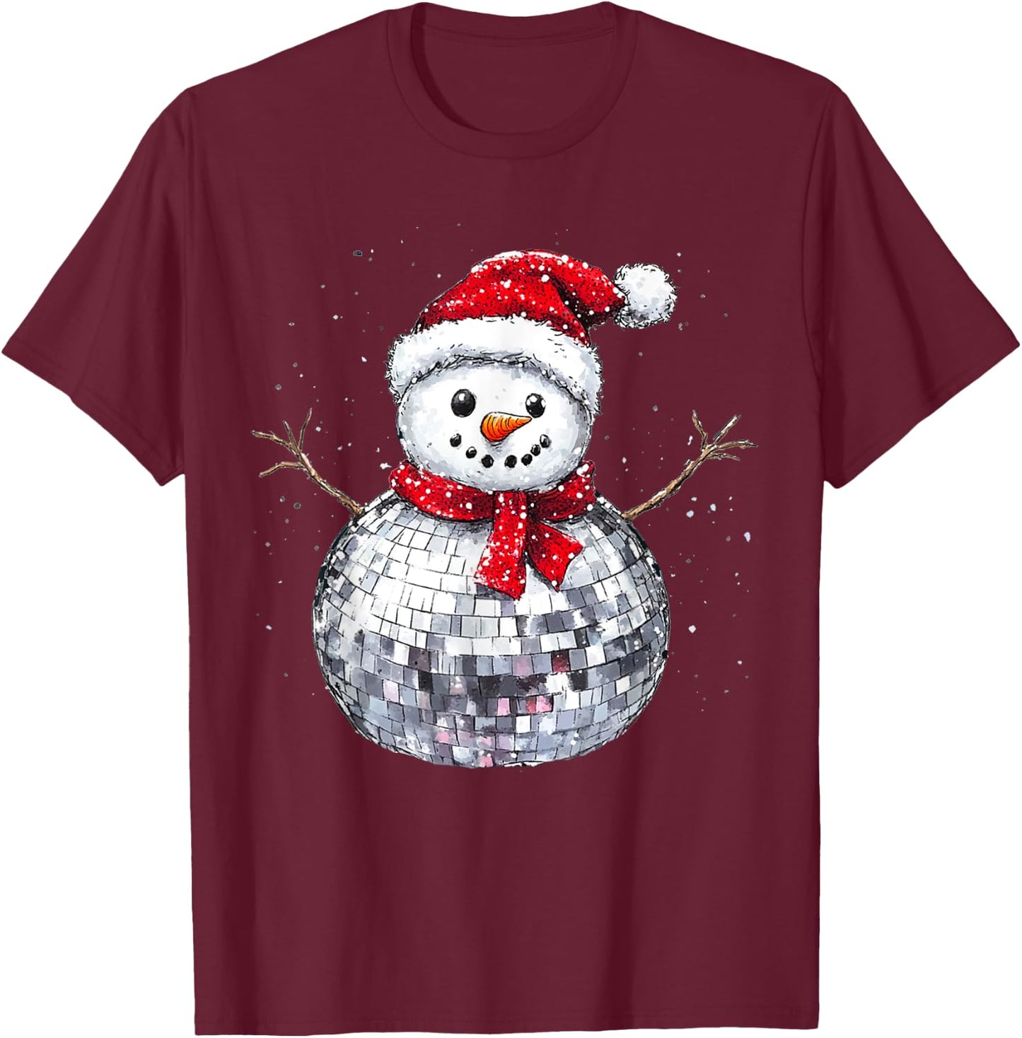 Snowman Christmas Retro Santa Hat Disco Ball Matching Family T-Shirt - T-Shirt | Maroon