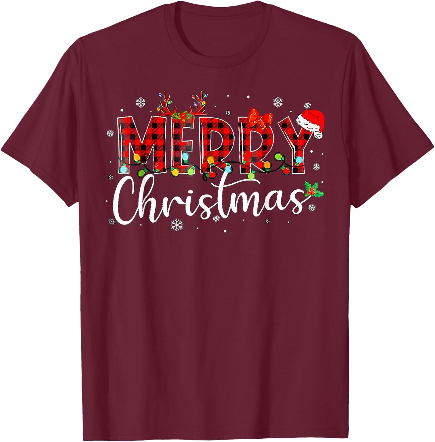 Merry Christmas Buffalo Plaid Red Santa Hat Xmas Pajamas T-Shirt - T-Shirt | Maroon