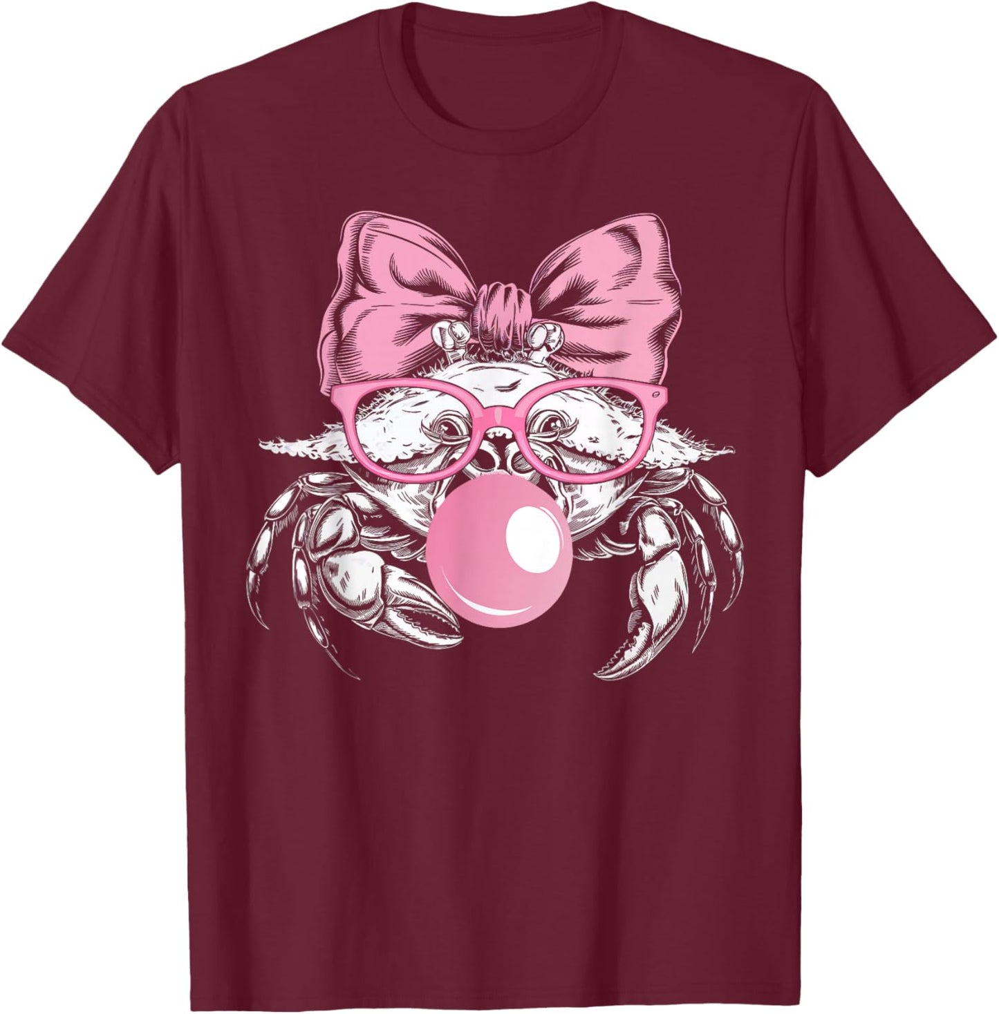 Crab Wearing Glasses and Blowing Pink Bubble Gum T-Shirt - T-Shirt | Maroon