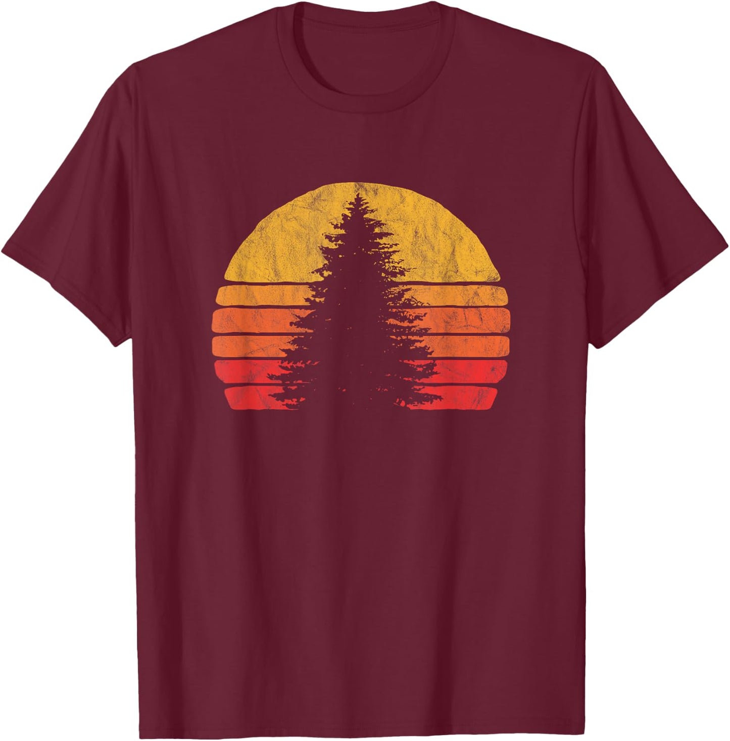 Retro Sun Minimalist Pine Tree Design - Graphic 80's T-Shirt - T-Shirt | Maroon