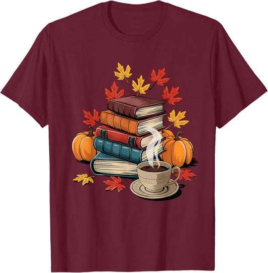Vintage Books Tea Lovers Fall Autumn Leaves and Pumpkins T-Shirt - T-Shirt | Maroon