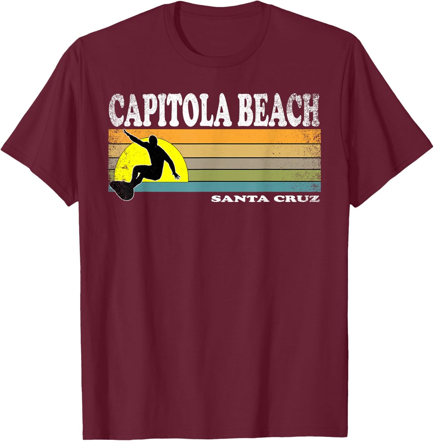 Vintage Capitola Beach Santa Cruz Retro California Surfer T-Shirt - T-Shirt | Maroon