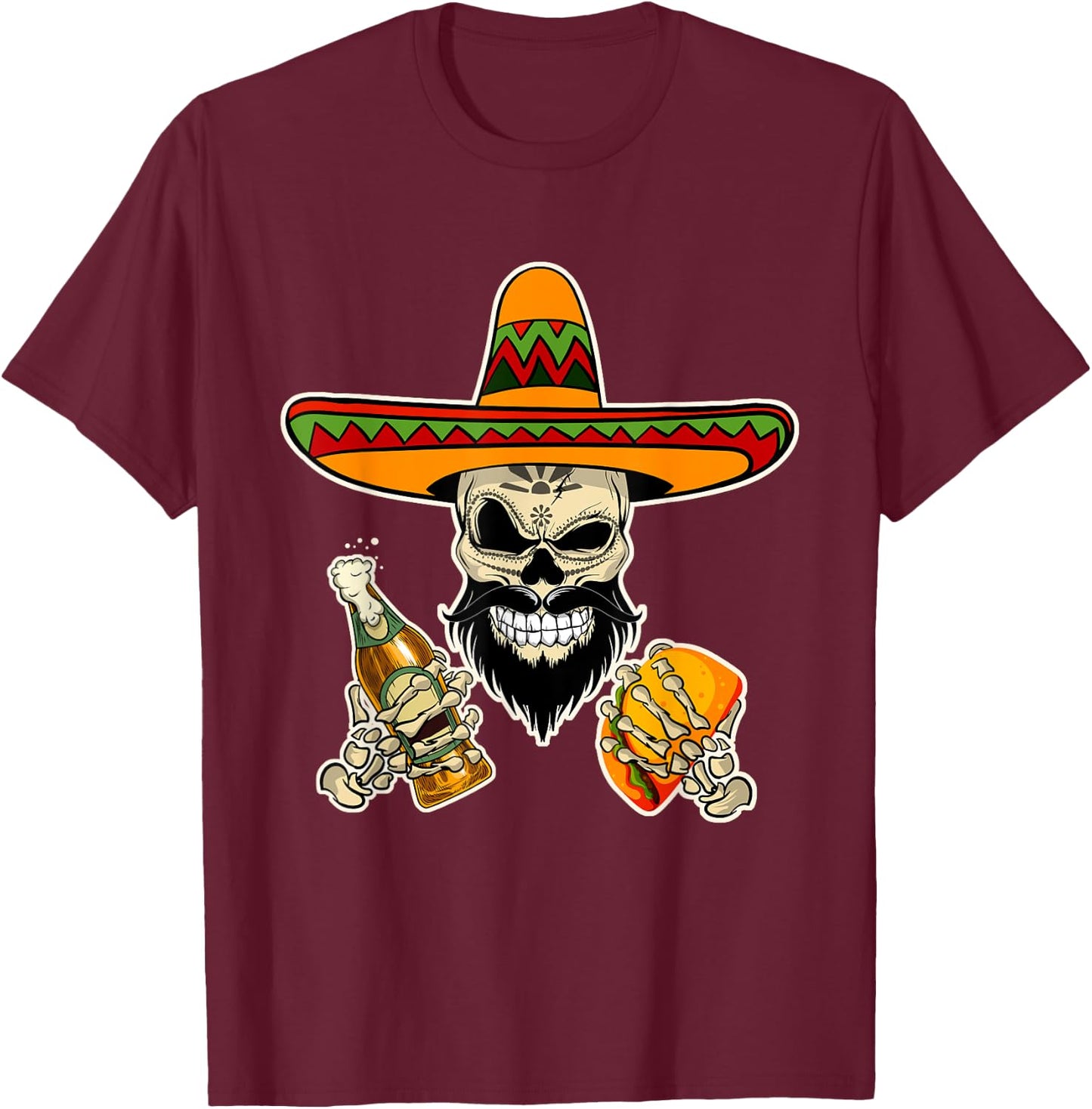 Funny Mexican Sugar Skull with Tacos and Beer T-Shirt - T-Shirt | Maroon