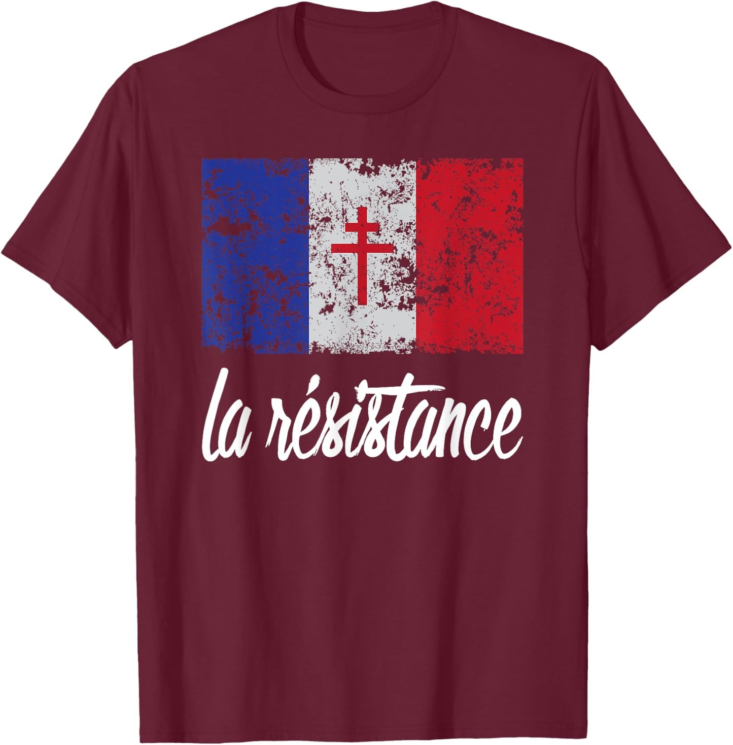 Distressed France Flag La Resistance Proud French T-Shirt - T-Shirt | Maroon