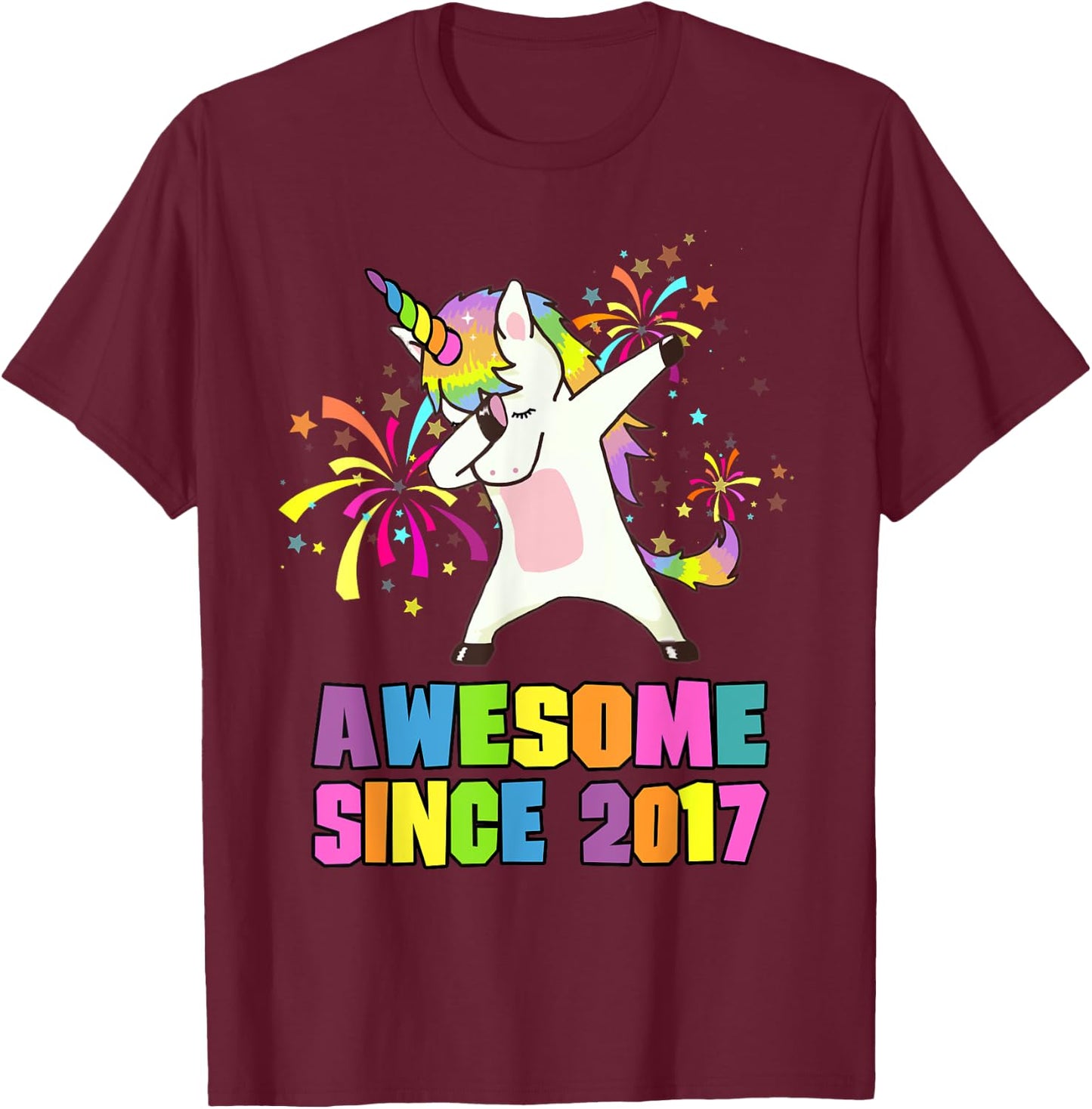 7 Years Old 7th Birthday Awesome Since 2017 Unicorn T-Shirt - T-Shirt | Maroon