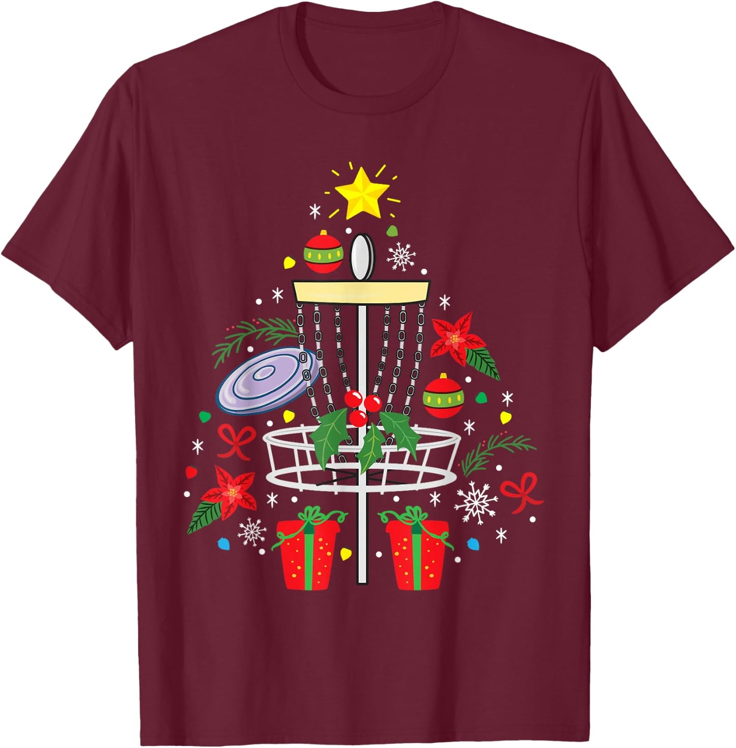 Disc Golf Frisbee Christmas Ornament Tree Funny Gift Men T-Shirt - T-Shirt | Maroon