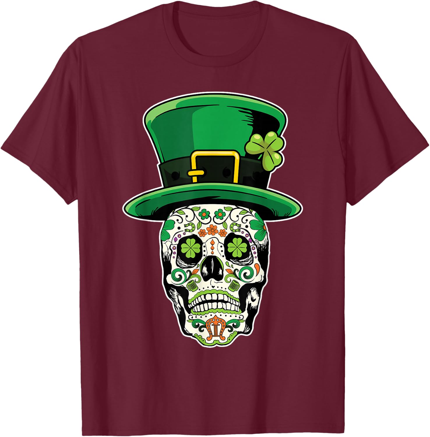 Sugar Skull Saint Patricks Day of Dead T-Shirt - T-Shirt | Maroon