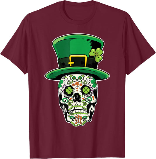 Sugar Skull Saint Patricks Day of Dead T-Shirt - T-Shirt | Maroon