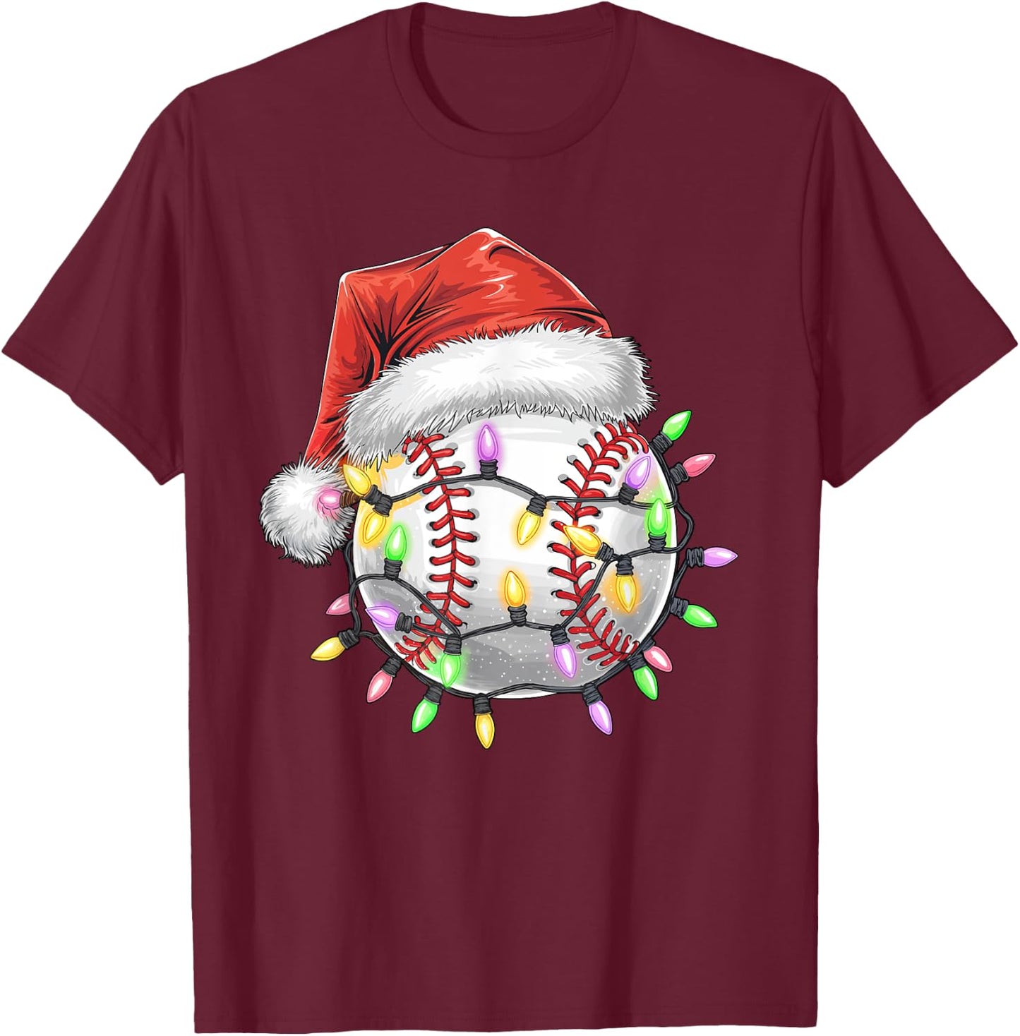 Baseball Christmas Lights Men Boys Youth Santa Sports T-Shirt - T-Shirt | Maroon