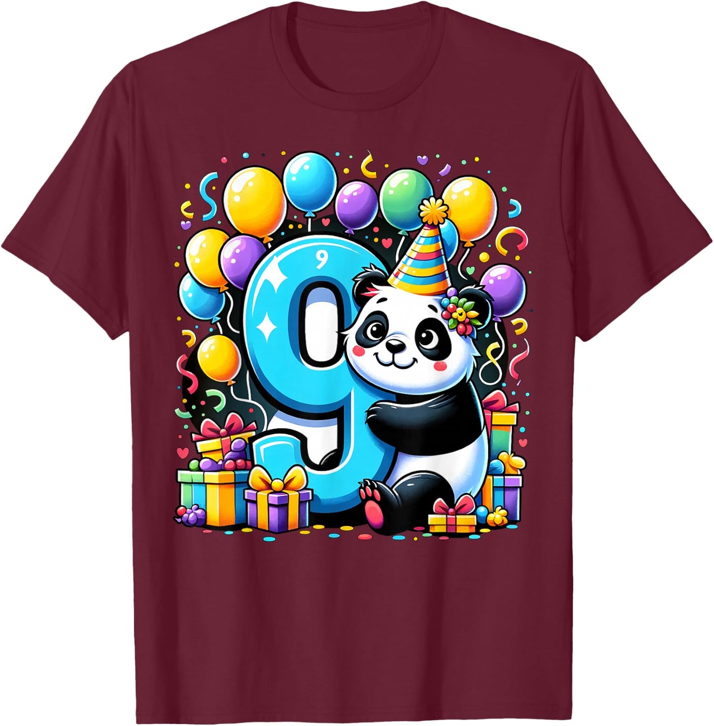 Panda 9th birthday for boy girl 9 years old ninth nine Panda T-Shirt - T-Shirt | Maroon