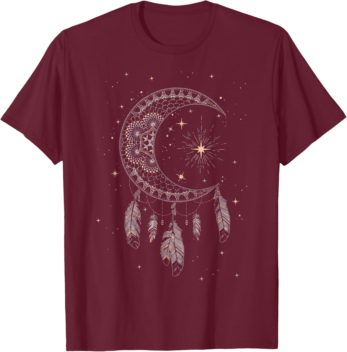 Dream Catcher Moon & Stars Boho T-Shirt - T-Shirt | Maroon