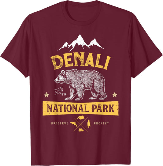 Denali National Park and Preserve T Shirt US Alaska Vintage T-Shirt - T-Shirt | Maroon