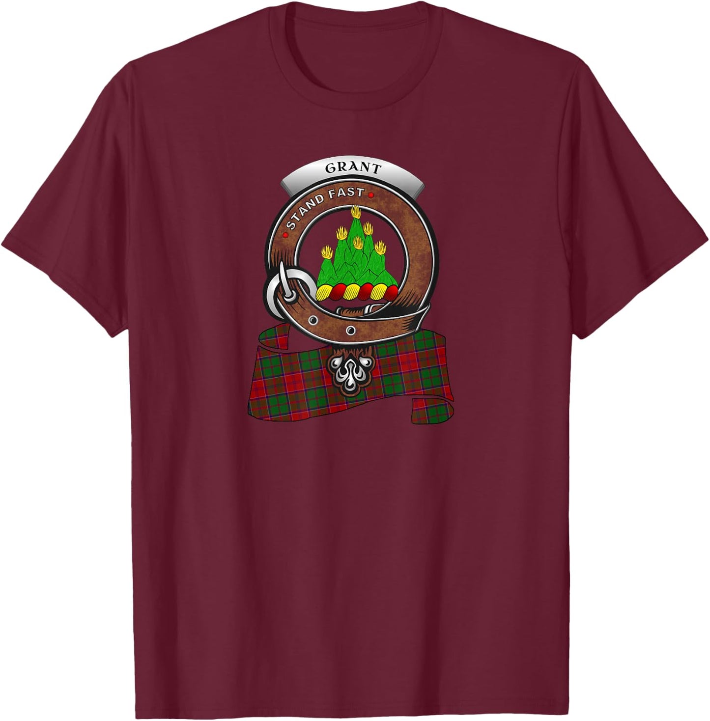 Grant Clan Badge & Tartan T-Shirt - T-Shirt | Maroon