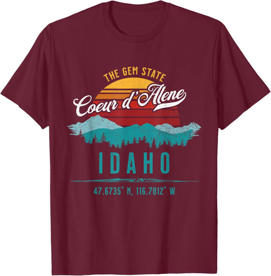 Retro Coeur d'Alene Idaho Mountains Sun Vintage Souvenir T-Shirt - T-Shirt | Maroon