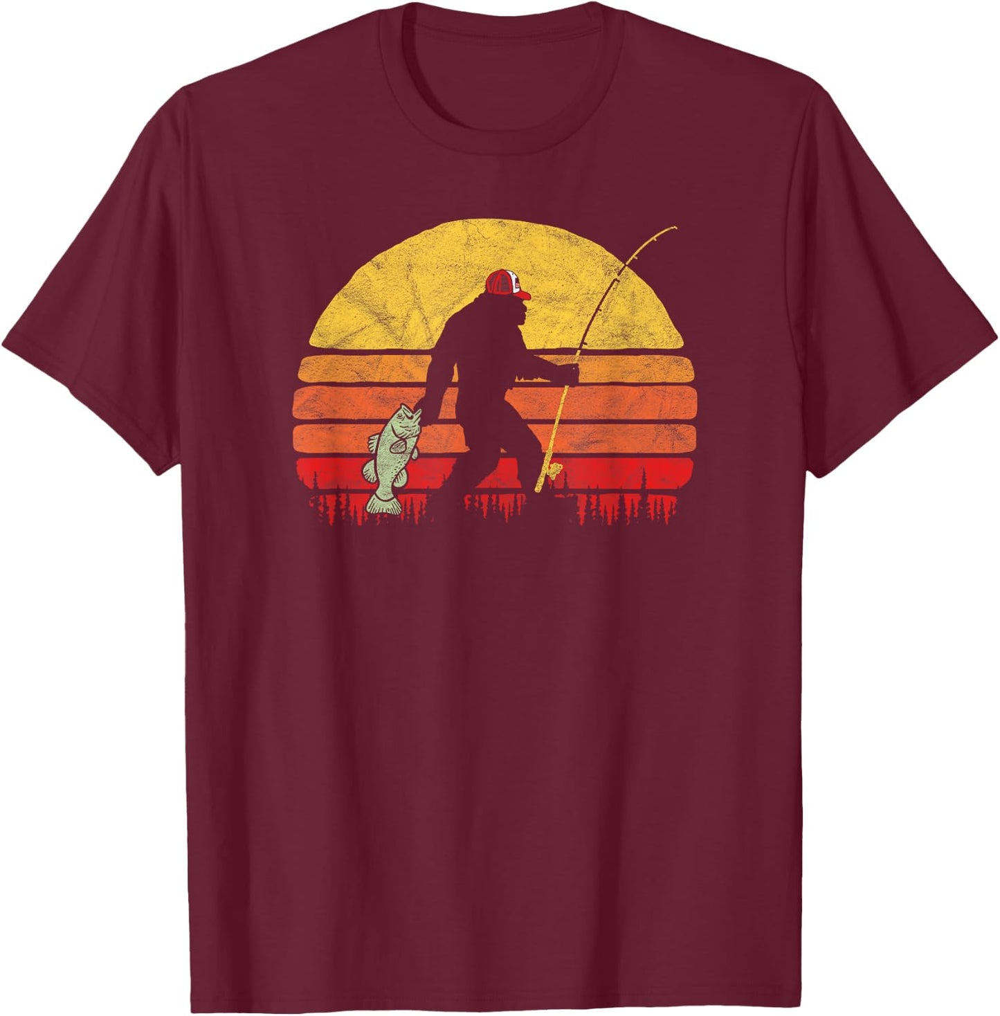 Bass Fishing Funny Bigfoot in Trucker Hat Retro Graphic T-Shirt - T-Shirt | Maroon