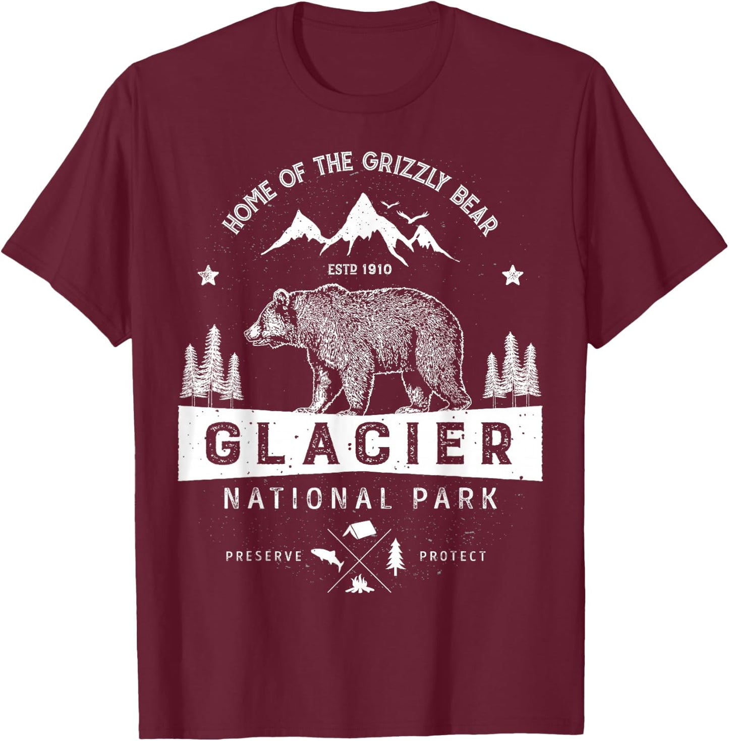 Glacier National Park T Shirt Vintage Montana Bear Men Women T-Shirt - T-Shirt | Maroon