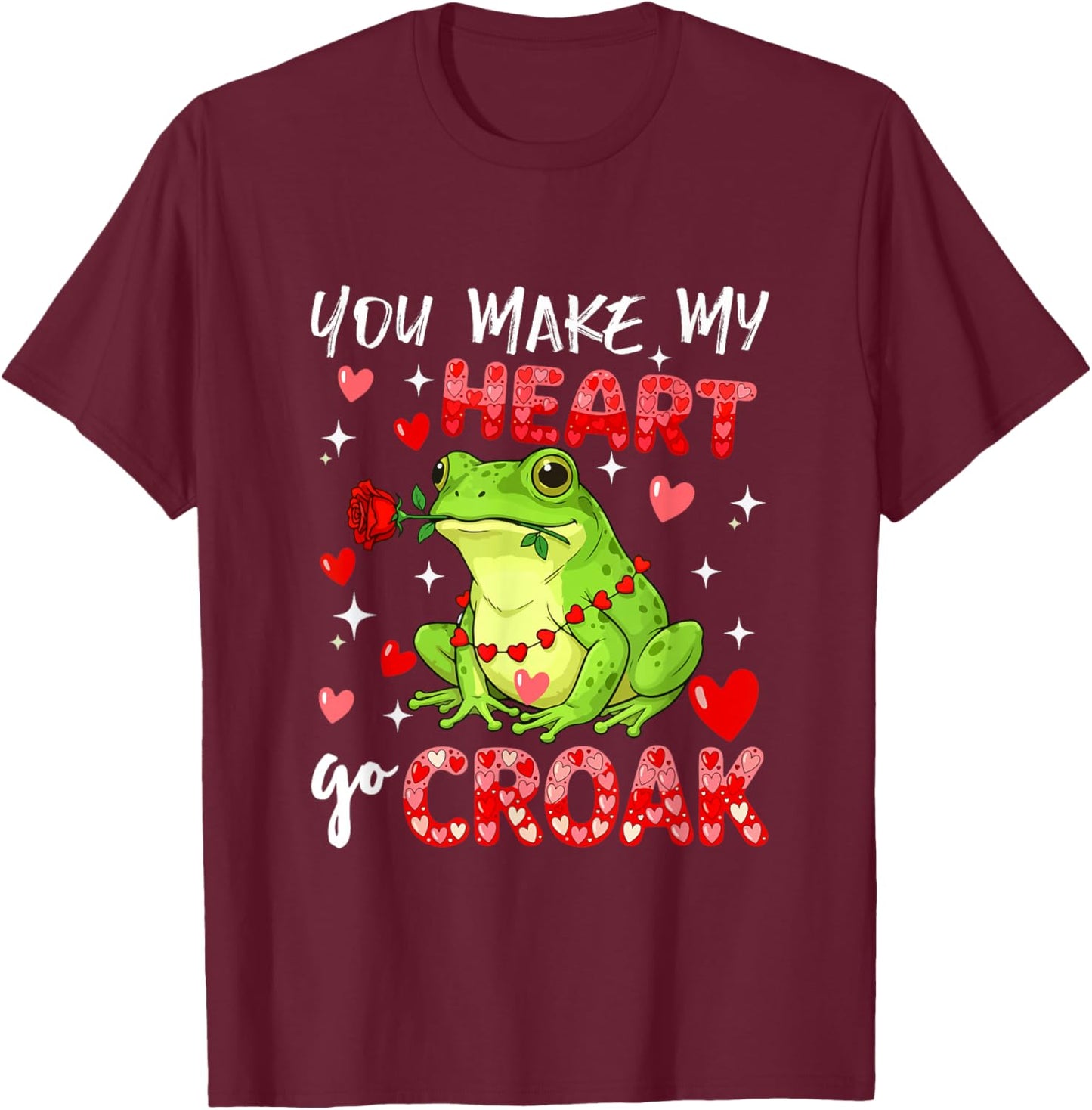 Make Heart Go Valentine's Day Cute Frog Sound Floral Rose T-Shirt - T-Shirt | Maroon