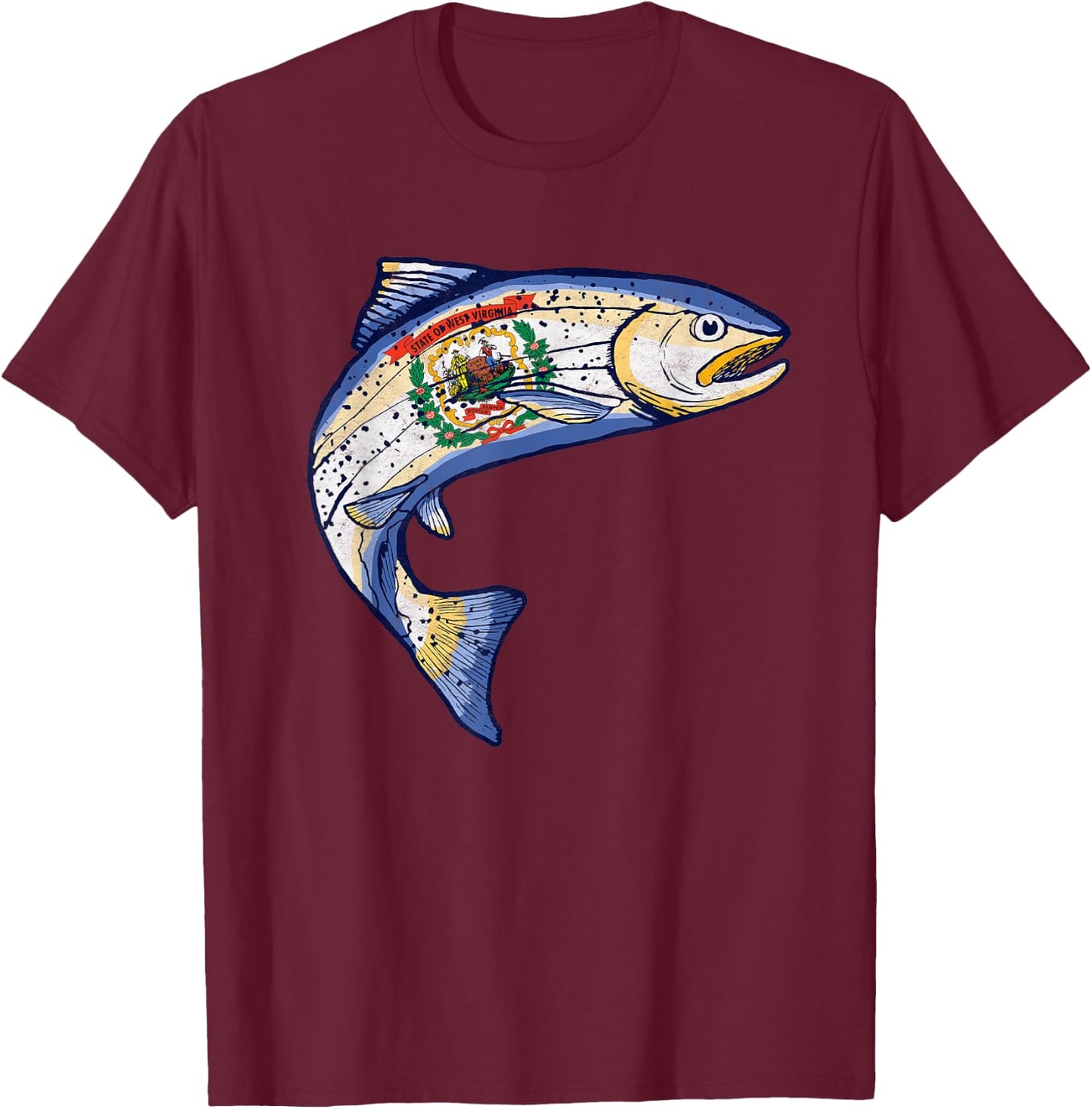 Retro West Virginia Flag Trout Vintage Fly Fishing Graphic T-Shirt - T-Shirt | Maroon