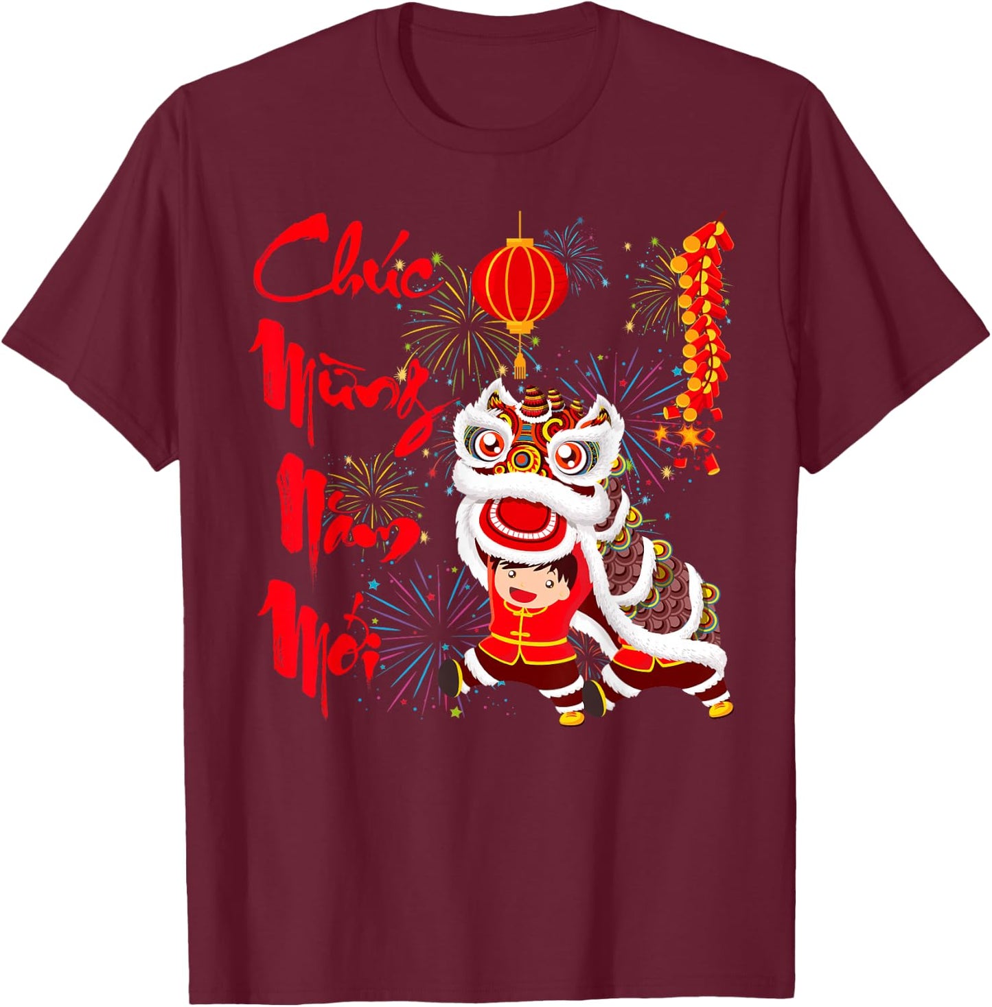 Chuc Mung Nam Moi Tet 2026 Lion Dance Vietnamese Boys Kids T-Shirt - T-Shirt | Maroon