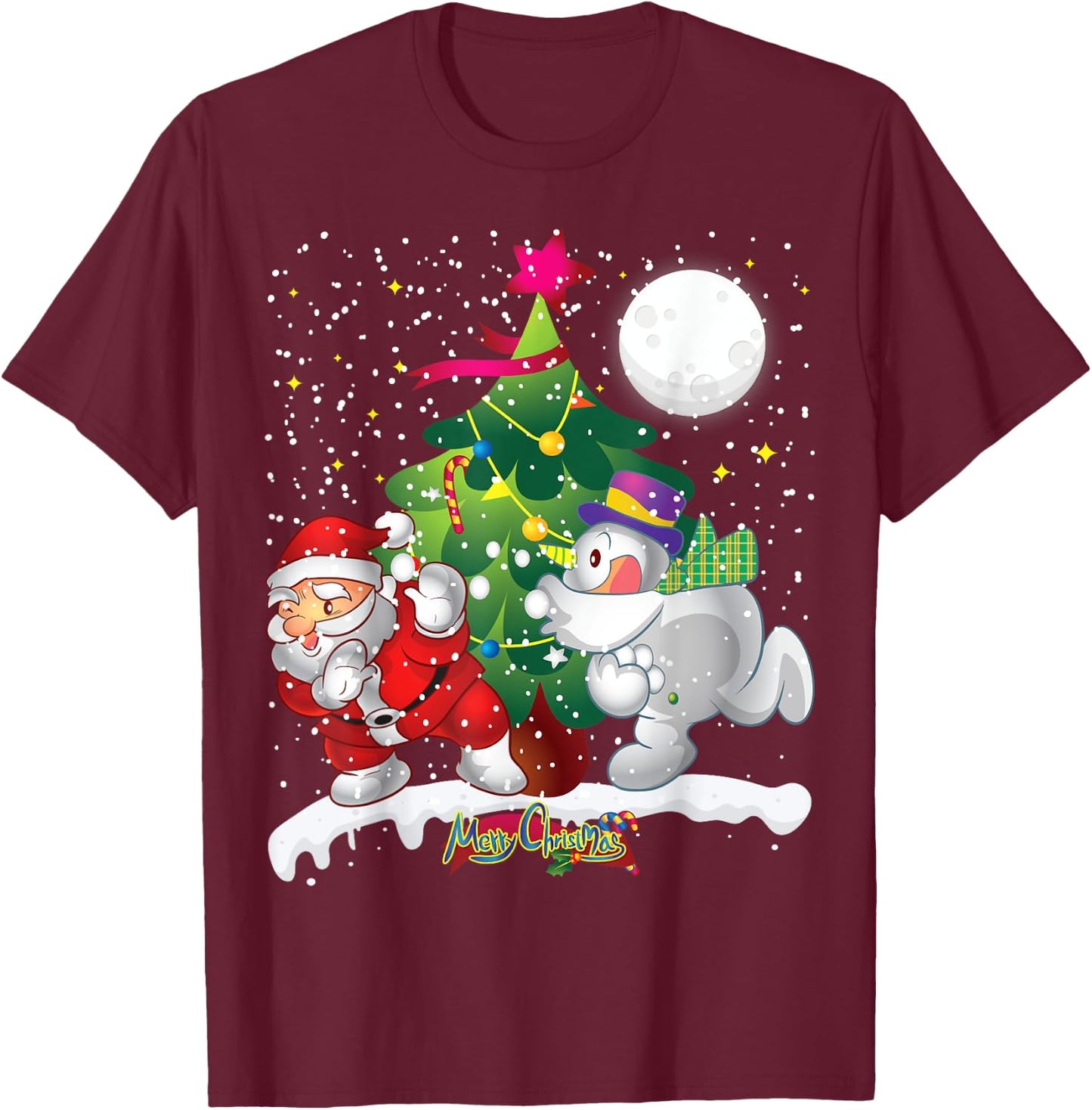 Santa Claus Snowman Tree Balls Funny Merry Christmas T-Shirt - T-Shirt | Maroon