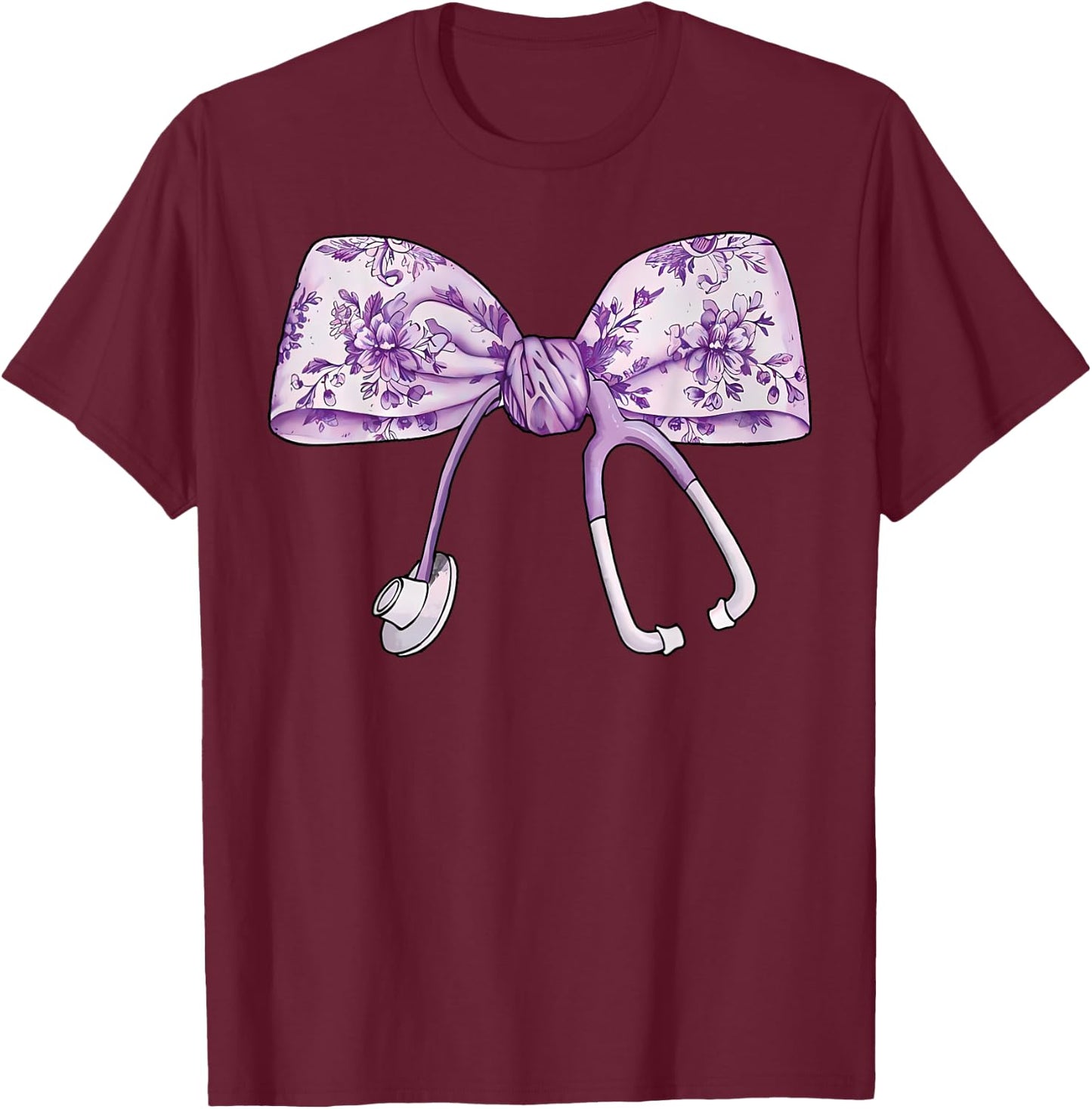 Floral Cute Purple Coquette Bow Stethoscope Registered Nurse T-Shirt - T-Shirt | Maroon