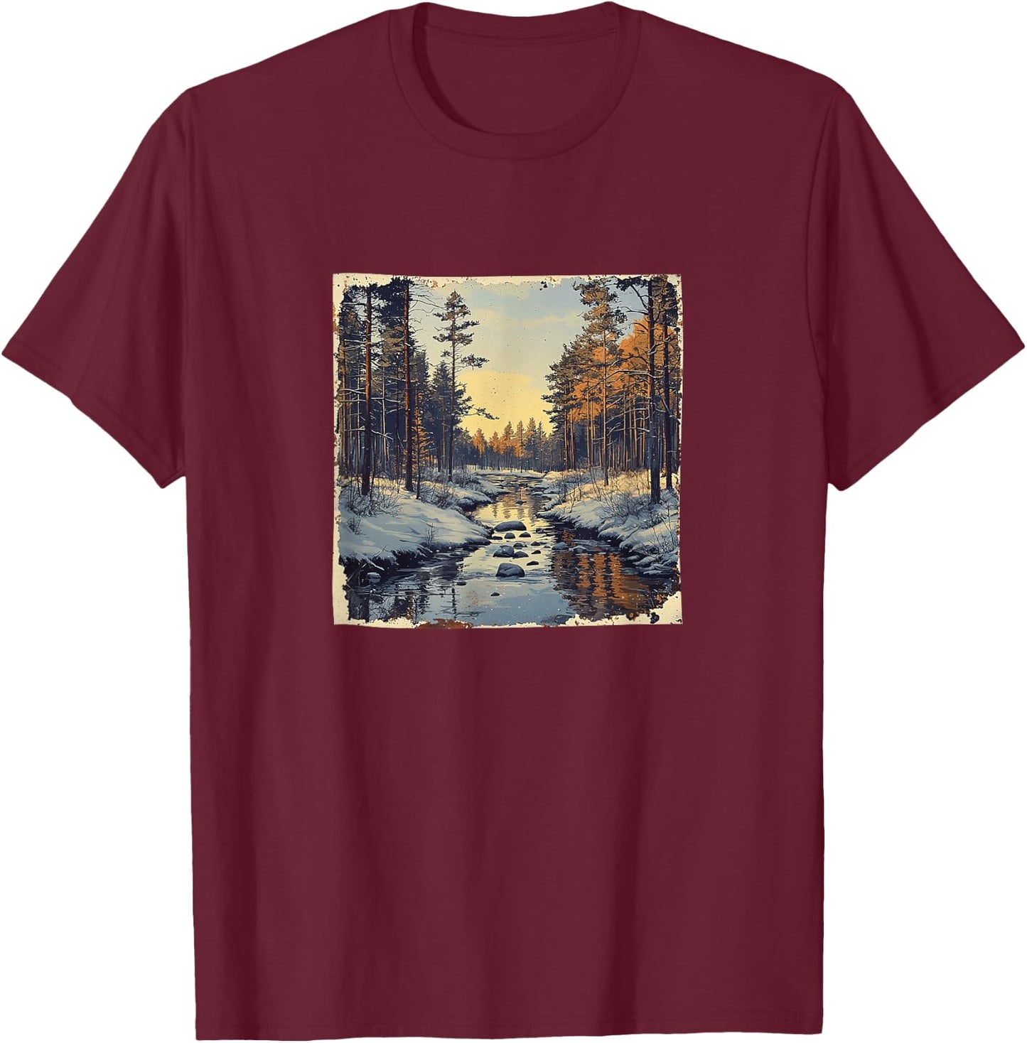 River In Winter Forest Vintage Landscape Graphic T-Shirt - T-Shirt | Maroon