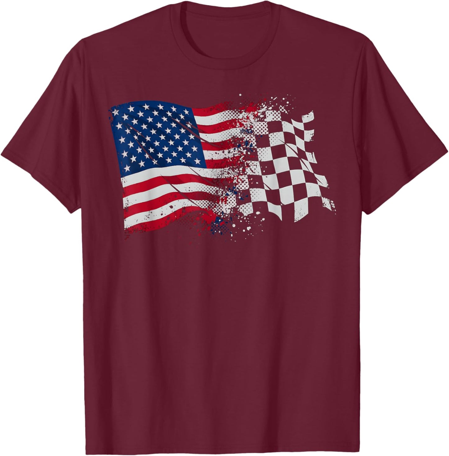 4th of July Checkered USA American Flag Car Racing Track T-Shirt - T-Shirt | Maroon