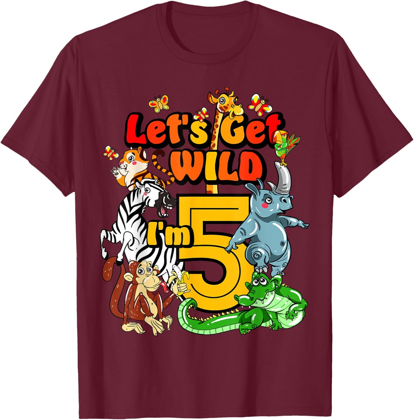 Kids 5 Year Old Zoo Birthday Shirt Safari Jungle Animal 5th T-Shirt - T-Shirt | Maroon