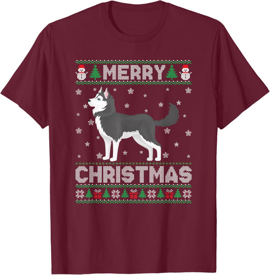 Siberian Husky Dog Men Women Kids Ugly Christmas Sweater T-Shirt - T-Shirt | Maroon