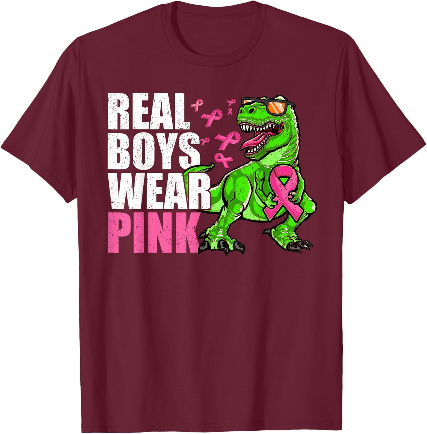 Youths Toddlers Breast Cancer Pink Ribbon Dinosaur Boys Kids T-Shirt - T-Shirt | Maroon