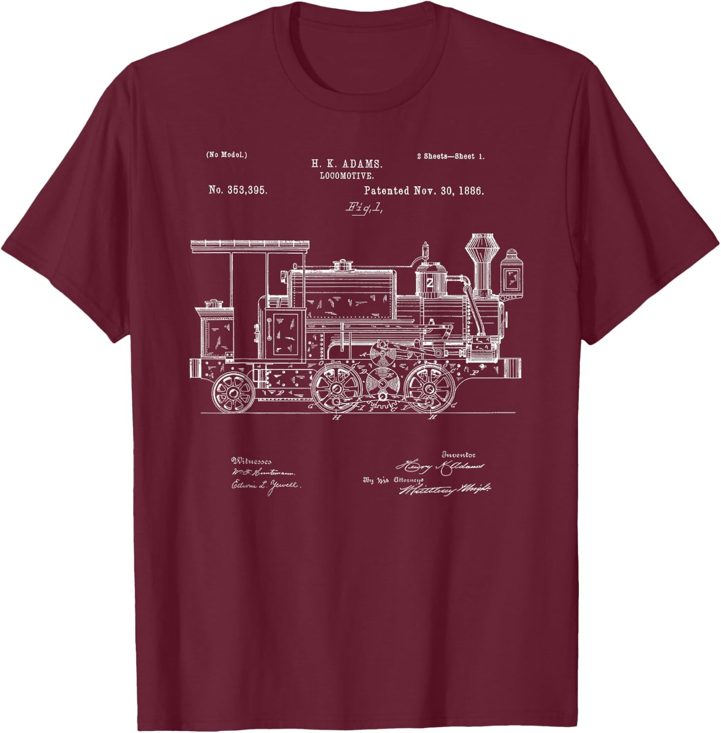 Vintage Patent Print 1886 Locomotive Steam Train Gift T-Shirt - T-Shirt | Maroon