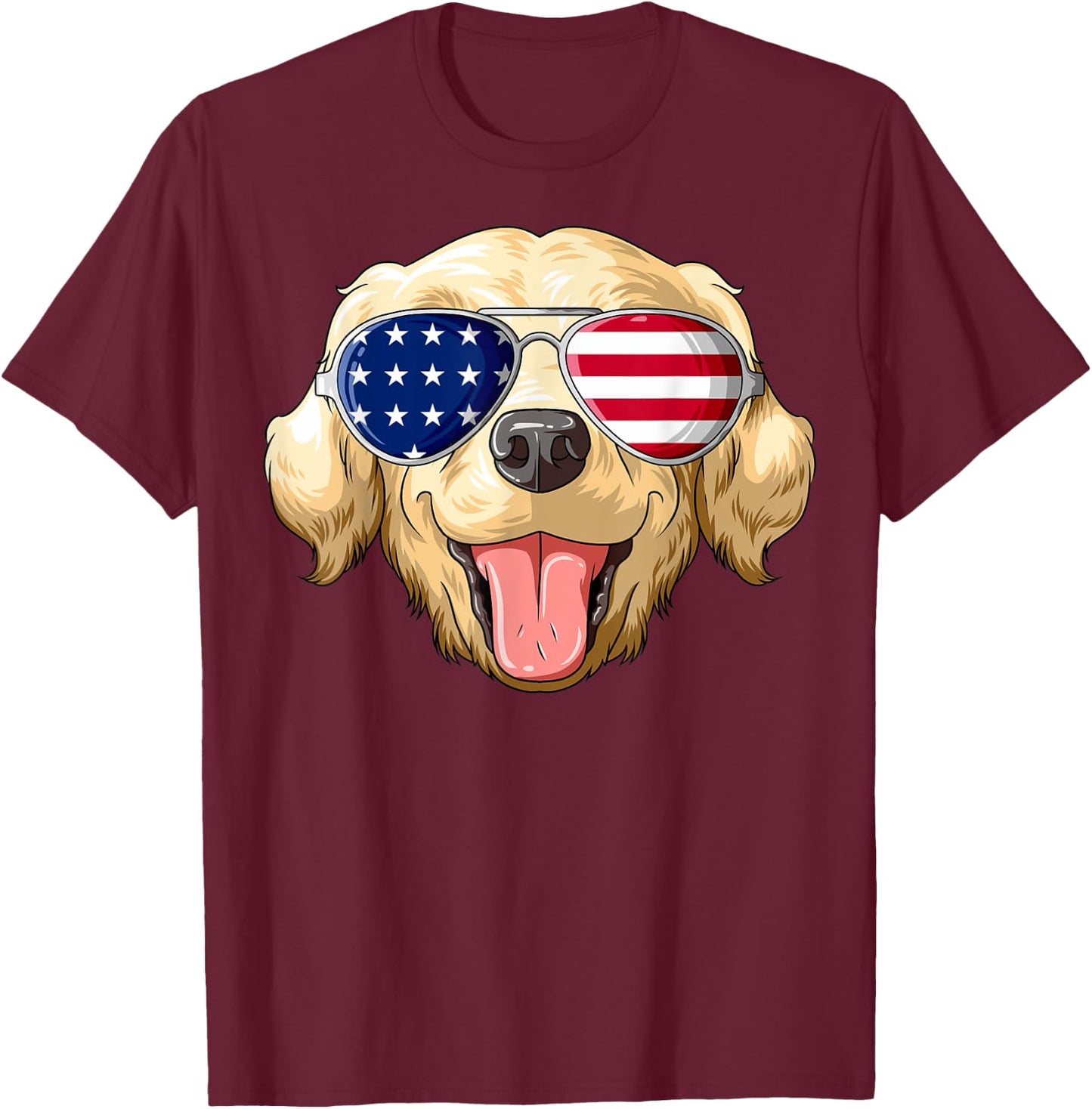 Patriotic Golden Retriever American Flag Glasses 4th July T-Shirt - T-Shirt | Maroon